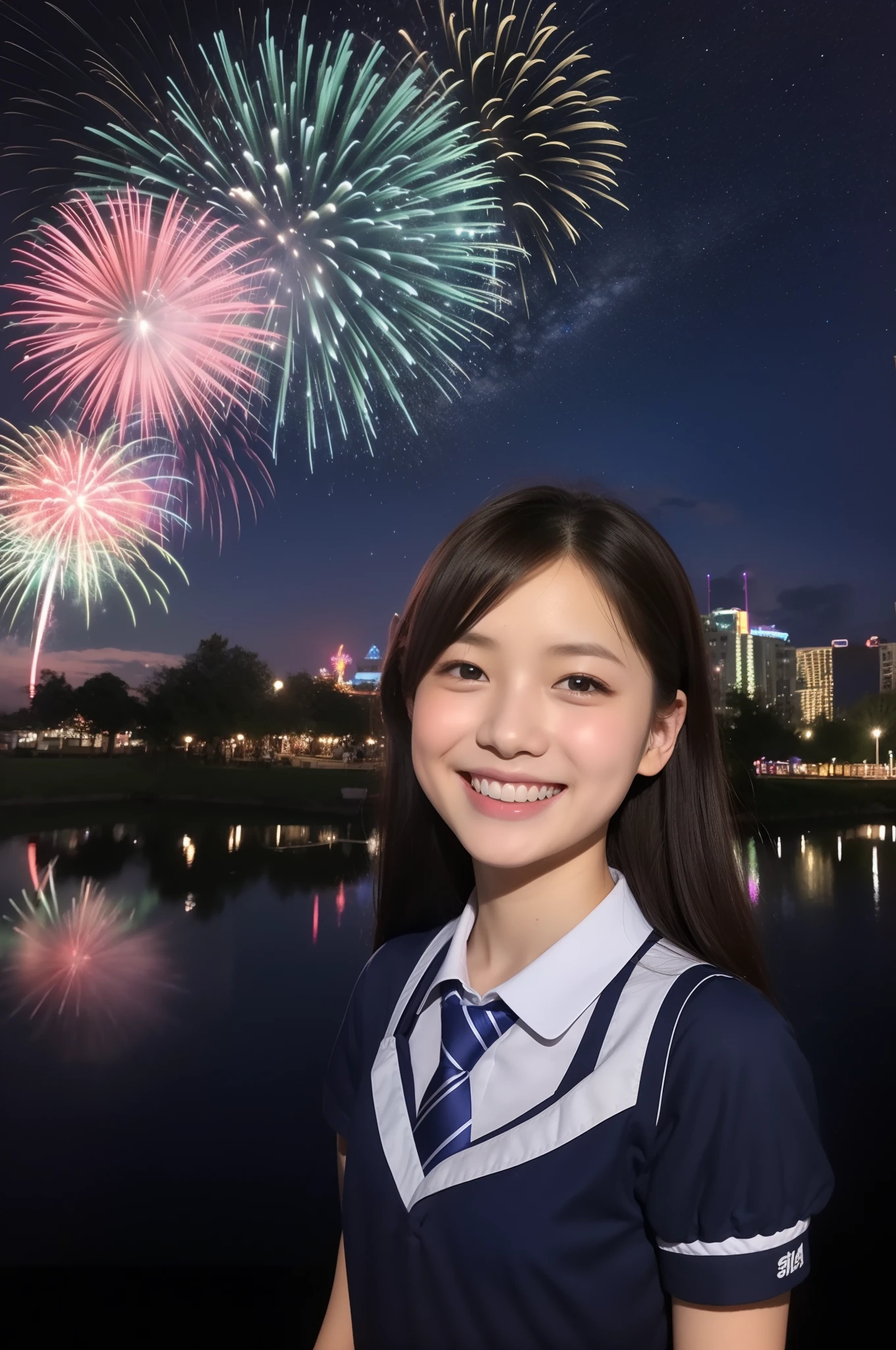 A smile、hi-school girl、校服、shortsleeves、An amusement park、While doing fireworks、starrysky、Aurora