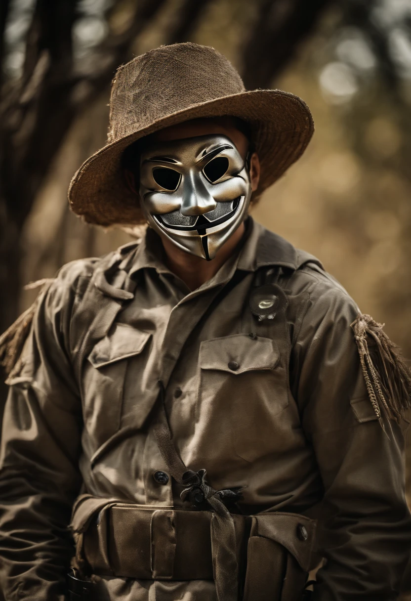 camouflage uniform、Mask with smiley face on silver plate、scarecrow