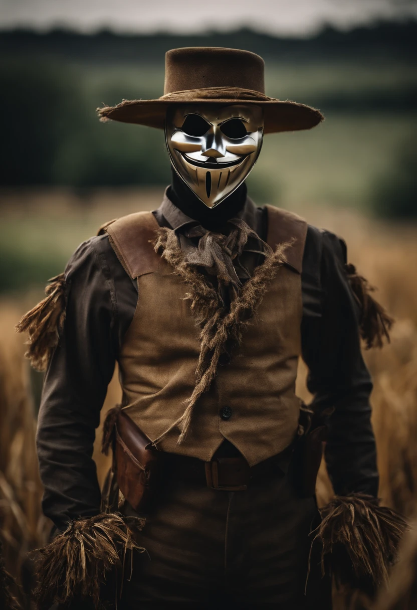 camouflage uniform、Mask with smiley face on silver plate、scarecrow