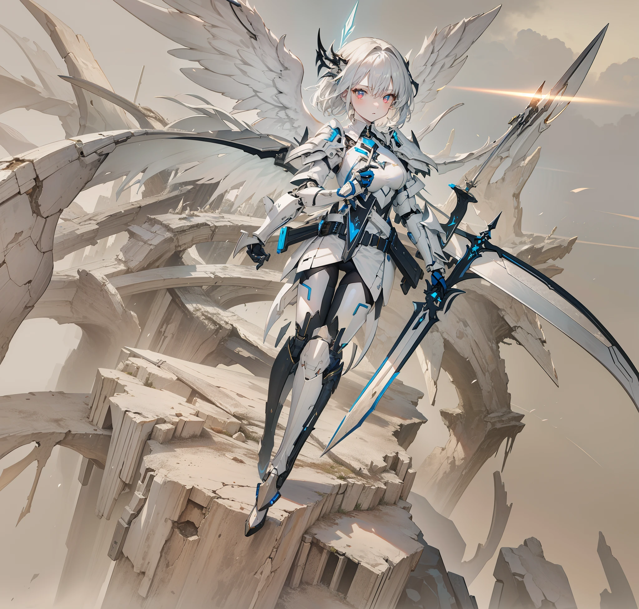 masterpiece, (bestquality), highlydetailed, ultra-detailed, light, (1girl), pale, [white hair:pale hair:0.5], [wings:glowing wings:0.8], [sword:futuristic sword:black blade], futuristic technology, cyborg girl, sci-fi, sci-fi weapon, [glowing wings:luminescent wings], [armored suit:futuristic armor]