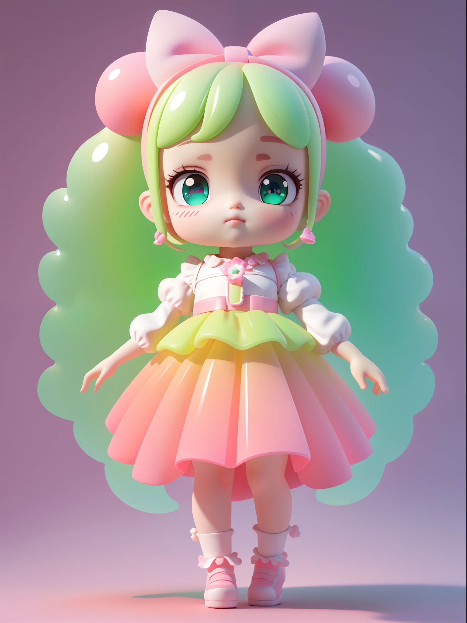 Detailed plastic materials, ((same character, front, side, back)) best quality, (very detailed model), (best quality), octane rendering, ray tracing, very detailed, 3D toys , exaggerated huge hair,  girl (full body) (3D hair, cute hair accessories, ((children)), beautiful eyes, cute big eyes, cute face, pink and green gradient, drum skirt, cute skirt, chib, fluorescent half Transparent, colorful, plastic, children, transparent, product design, luminous jelly, exquisite and cute plastic, beautiful light and shadow 3d, digital art, translucent plastic bubble gum, close-up, 3d, ultra-detailed, generate front view, side view, rear view three views , borderless, c4d, Octane rendering, Blender, HD, full body, simple background! - v6