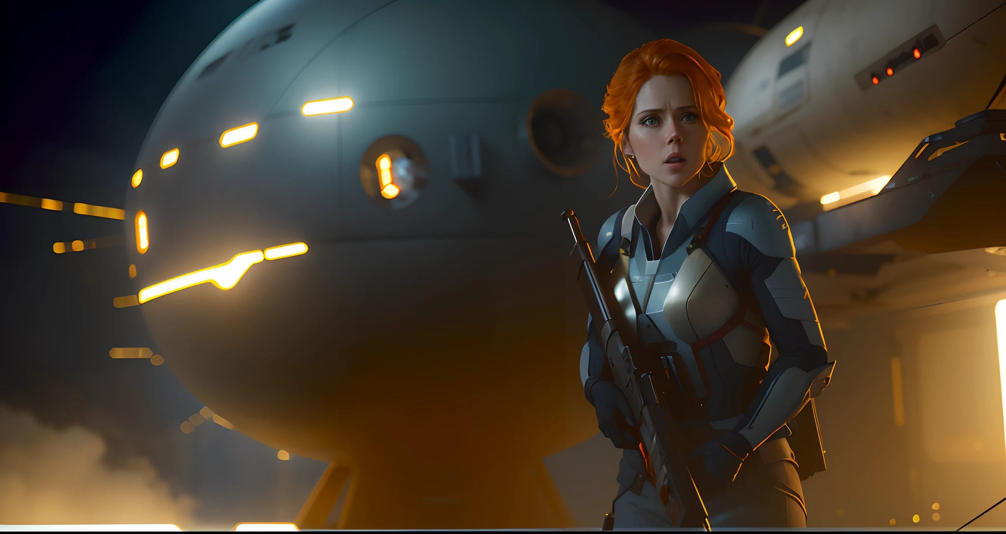 Hot terrified Sci fi Amy Adams holding a sci fi weapon on Ishimura Horror Space Ship photography, natural light, photorealism, cinematic rendering, ray tracing, the highest quality, the highest detail, Cinematic, Third-Person View, Blur Effect, Long Exposure, 8K, Ultra-HD, Natural Lighting, Moody Lighting, Cinematic Lighting