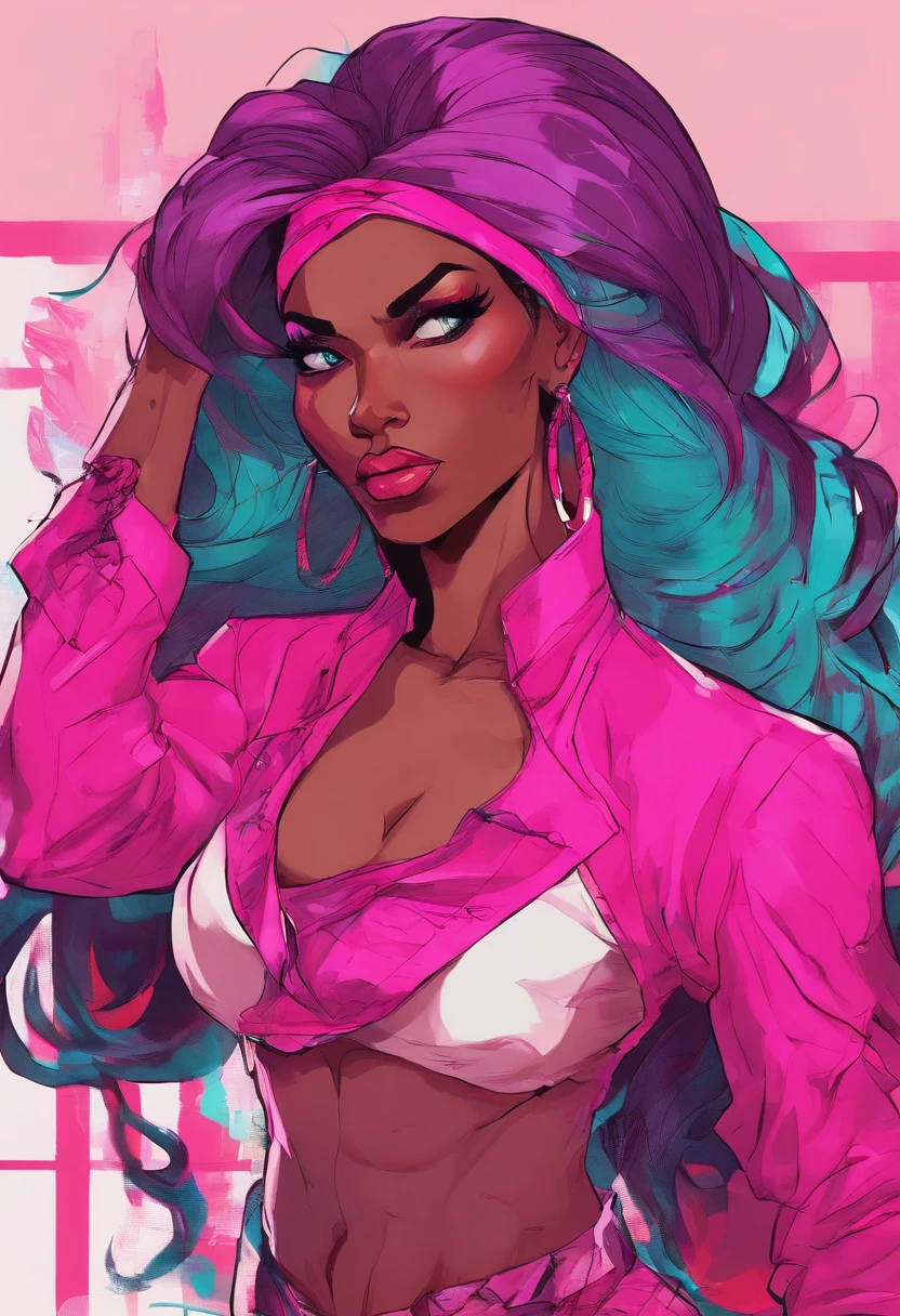 (african american,elegant,bold,confident,beautiful,long hair,curves:1.1,detailed eyes,full lips:1.1),glamorous,high fashion,stylish,striking poses,fierce attitude,(vibrant colors,hot pink:1.1,neon lights:1.1),dramatic shadows,edgy makeup,stage presence,(professional,studio lighting:1.1,ultra-detailed:1.1),dynamic composition,strong facial expressions,showstopping,celebrity vibes,sexy attire,attention-grabbing,empowered,energetic movements,music video vibes,queen-like aura