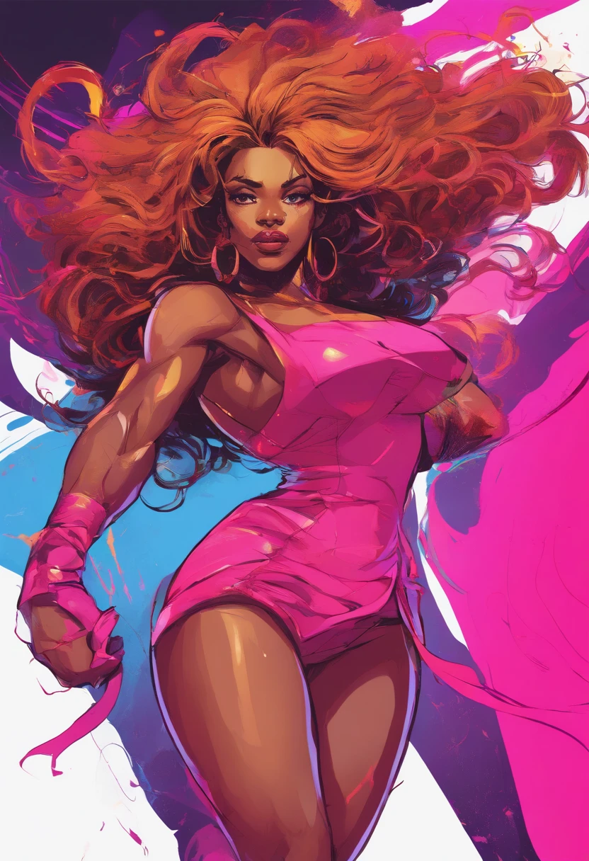 (african american,elegant,bold,confident,beautiful,long hair,curves:1.1,detailed eyes,full lips:1.1),glamorous,high fashion,stylish,striking poses,fierce attitude,(vibrant colors,hot pink:1.1,neon lights:1.1),dramatic shadows,edgy makeup,stage presence,(professional,studio lighting:1.1,ultra-detailed:1.1),dynamic composition,strong facial expressions,showstopping,celebrity vibes,sexy attire,attention-grabbing,empowered,energetic movements,music video vibes,queen-like aura