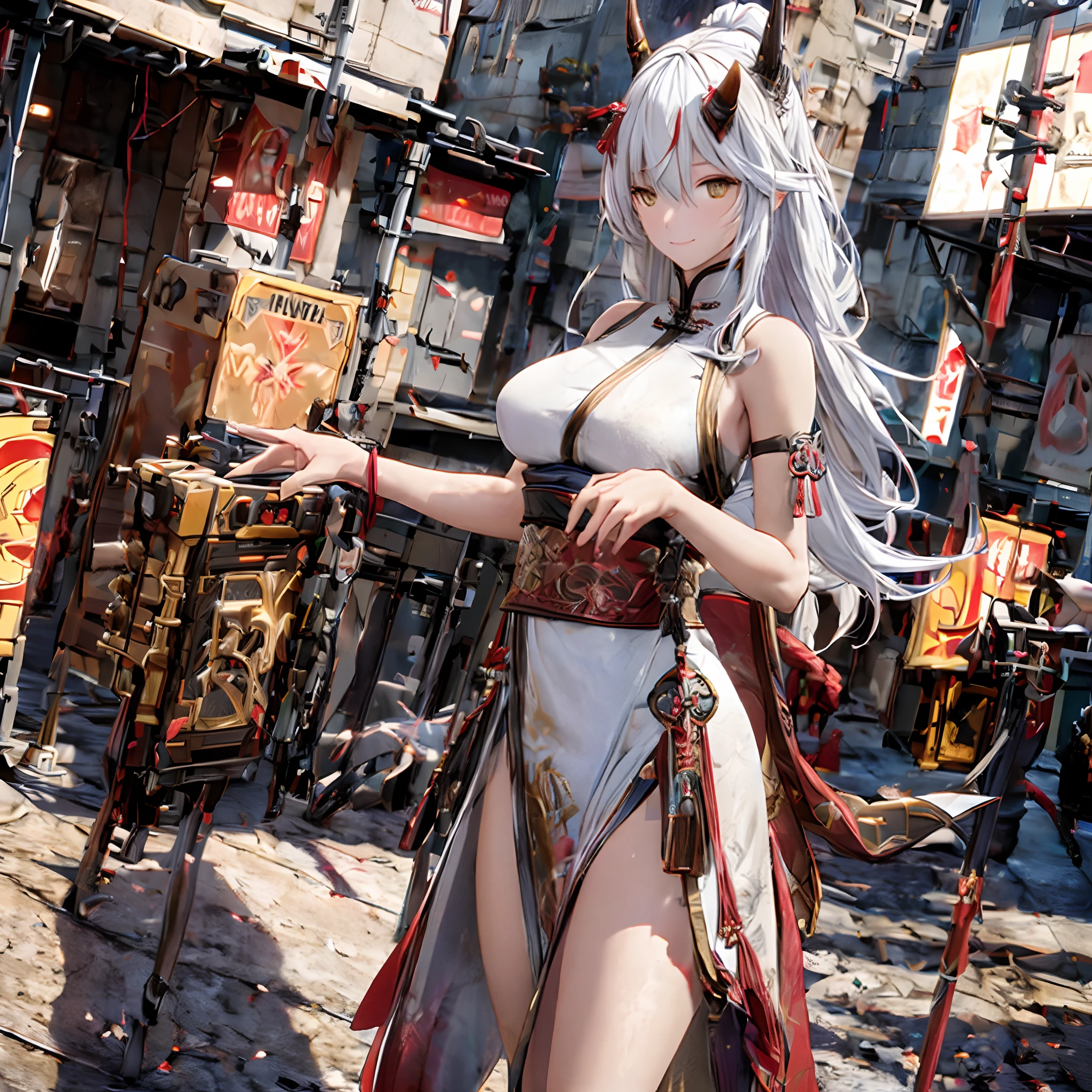 a girl with long gray hair and yellow eyes standing in china city , night, High detail mature face, golden eyes, bare leg, bare shoulder, white china dress, 2 horn, high res, ultra sharp, 8k, masterpiece, smiling, assault rifle, fantasy world, magical radiance background ((Best quality)), ((masterpiece)), 3D, HDR (High Dynamic Range),Ray Tracing, NVIDIA RTX, Super-Resolution, Unreal 5,Subsurface scattering, PBR Texturing, Post-processing, Anisotropic Filtering, Depth-of-field, Maximum clarity and sharpness, Multi-layered textures, Albedo and Specular maps, Surface shading, Accurate simulation of light-material interaction, Perfect proportions, Octane Render, Two-tone lighting, Wide aperture, Low ISO, White balance, Rule of thirds,8K RAW, Aura, masterpiece, best quality, Mysterious expression, magical effects like sparkles or energy, flowing robes or enchanting attire, mechanic creatures or mystical background, rim lighting, side lighting, cinematic light, ultra high res, 8k uhd, film grain, best shadow, delicate, RAW, light particles, detailed skin texture, detailed cloth texture, beautiful face, (masterpiece), best quality, expressive eyes, perfect face,