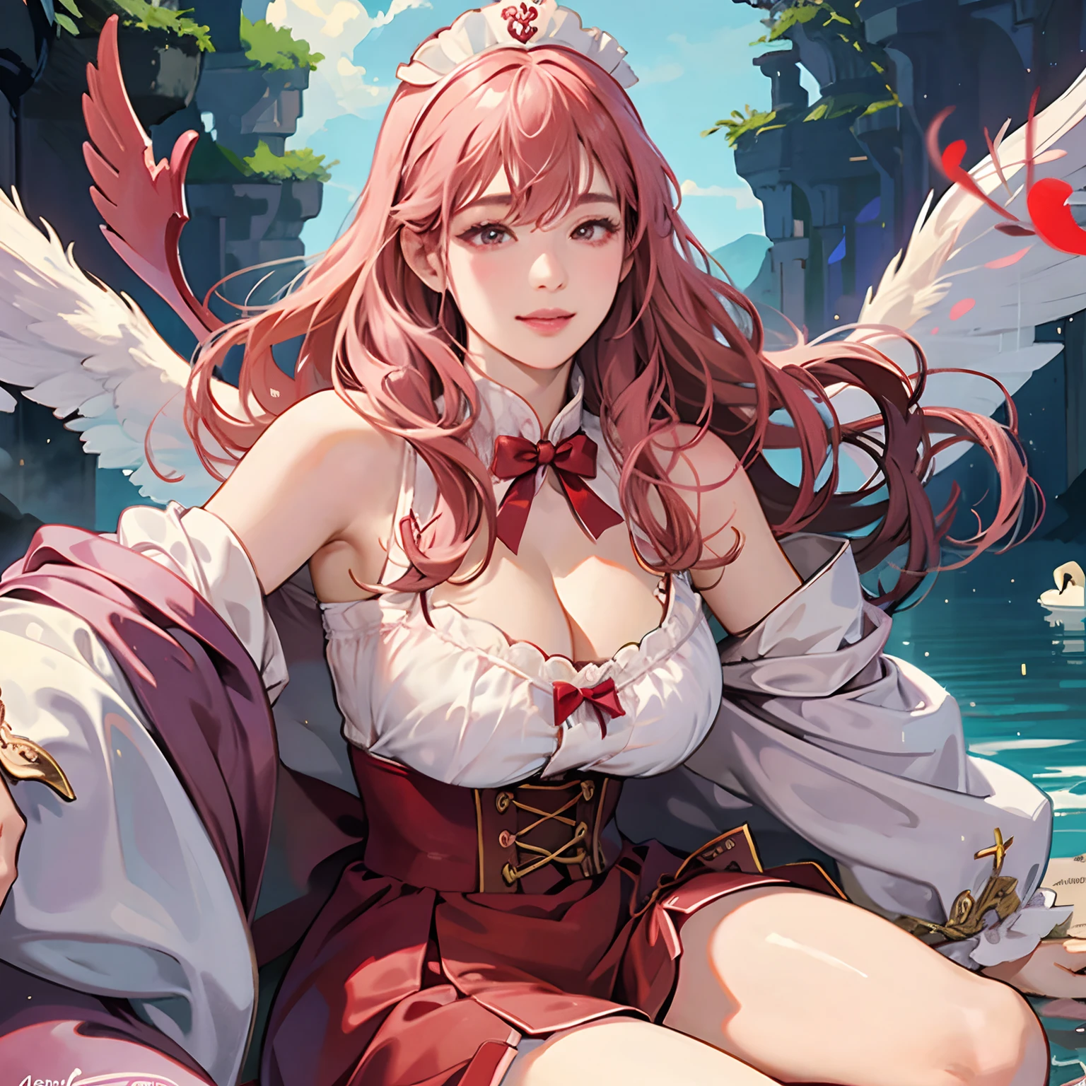 Women in Their 20s、fantasy worlds、offcial art, unity 8k wall paper, ultra-detailliert, beautifly、Aesthetic, ​masterpiece, top-quality, Photorealsitic、A hyper-realistic、Beautuful Women、detailed costume、depth of fields, Fantastic atmosphere, Calm palette, tranquil mood, Soft shading、Soft skin、Huge breasts、Huge breasts、、thick thight、bbw、very large breast、plump figure、cleavage of the breast、Mischievous smile、a female angel、Cupid the Woman、Dark pink outfit、short flared skirt、Light pink hair、Twin-tailed、Red ribbons、the presence of swan feathers on the back,,,,,,,,:1.6、Bow and arrow with heart symbol:2.0、Red heart-shaped arrowhead:2.0、Floating in the sky、Marble Temple、lake in the middle of a forest、Red bow and arrow、White headdress、bow and arrow、the presence of wings on the back、Stone ruins、Castles、Heart symbols are lined up、Floating heart symbol、Flock of swans