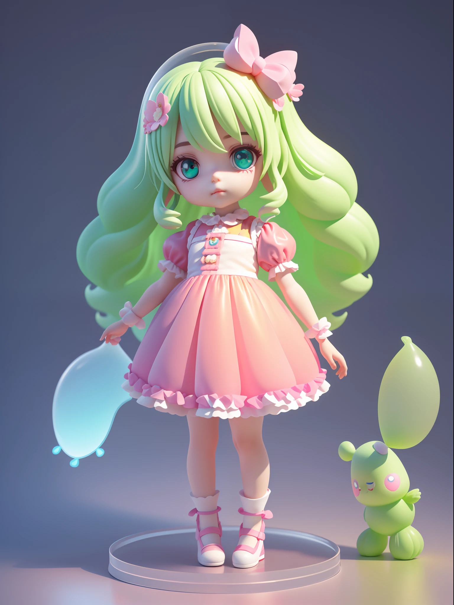 ((best quality)), ((ultradetailed)), ((masterpiece)), Super cute girl's full body 3D art, 1 girl, pretty eyes, big eyes, cute, happy, c4d, pop Matt Blind Box, glowing bubbles, toys, solid color background, chibi, fluorescent translucent, glowing body, kawaii, doll, T pose, reference sheet, pop mart blind box, Pixar, intricate detail, 3d rendering, blender, OC renderer, sheet reference foll body, dribble, high detail, 8k, studio lighting, li, pee, childbi , character SD:1.1, resolution: 4K.