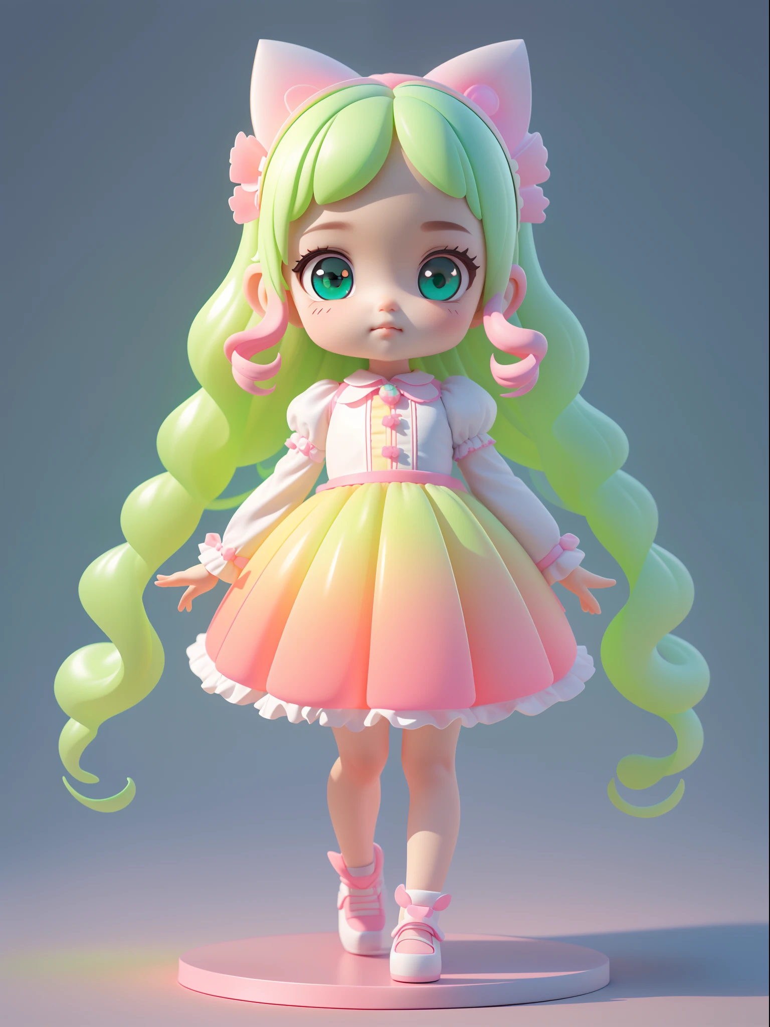 Detailed plastic materials, ((same character, front, side, back)) best quality, (very detailed model), (best quality), octane rendering, ray tracing, very detailed, 3D toys , exaggerated huge hair,  girl (full body) (3D hair, cute hair accessories, ((children)), beautiful eyes, cute big eyes, cute face, pink and green gradient, drum skirt, cute skirt, chib, fluorescent half Transparent, colorful, plastic, children, transparent, product design, luminous jelly, exquisite and cute plastic, beautiful light and shadow 3d, digital art, translucent plastic bubble gum, close-up, 3d, ultra-detailed, generate front view, side view, rear view three views , borderless, c4d, Octane rendering, Blender, HD, full body, simple background! - v6