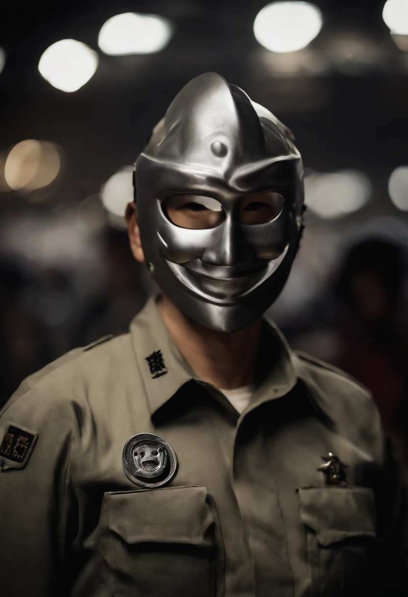 camouflage uniform、Silver round mask、The mask has a smiley face written on it.、Case Shanzi