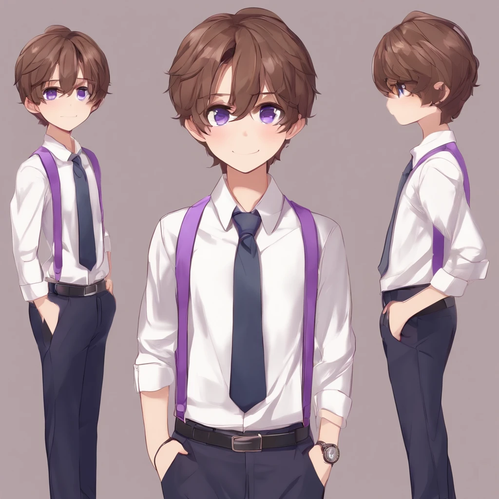 virtual_youtuber, 1boy, male_focus, solo, brown_hair, necktie, purple_eyes, simple_background, brown_footwear, full_body, straight-on, looking_at_viewer, pants, white collared shirt, hair_between_eyes, (VERY DETAILED EYES:1.5)