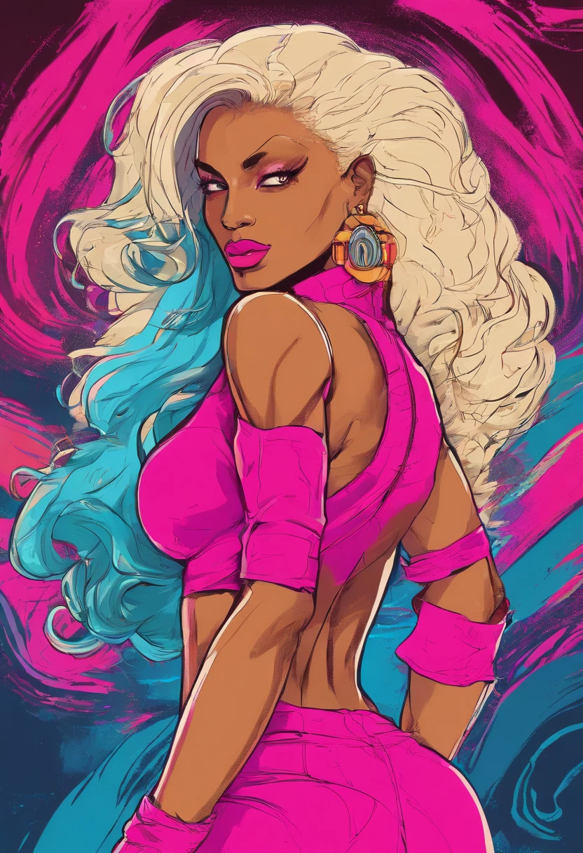 (african american,elegant,bold,confident,beautiful,long hair,curves:1.1,detailed eyes,full lips:1.1),glamorous,high fashion,stylish,striking poses,fierce attitude,(vibrant colors,hot pink:1.1,neon lights:1.1),dramatic shadows,edgy makeup,stage presence,(professional,studio lighting:1.1,ultra-detailed:1.1),dynamic composition,strong facial expressions,showstopping,celebrity vibes,sexy attire,attention-grabbing,empowered,energetic movements,music video vibes,queen-like aura