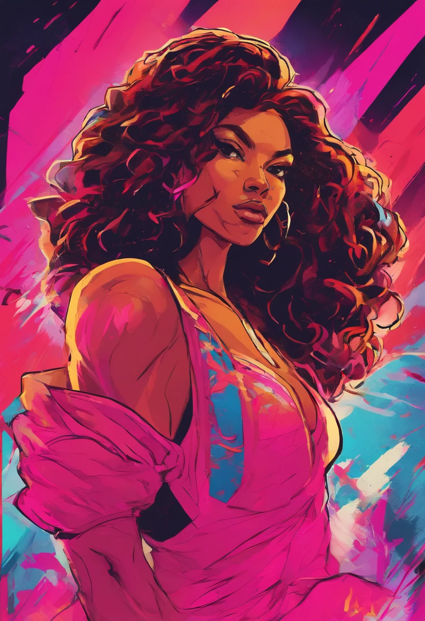 (african american,elegant,bold,confident,beautiful,long hair,curves:1.1,detailed eyes,full lips:1.1),glamorous,high fashion,stylish,striking poses,fierce attitude,(vibrant colors,hot pink:1.1,neon lights:1.1),dramatic shadows,edgy makeup,stage presence,(professional,studio lighting:1.1,ultra-detailed:1.1),dynamic composition,strong facial expressions,showstopping,celebrity vibes,sexy attire,attention-grabbing,empowered,energetic movements,music video vibes,queen-like aura