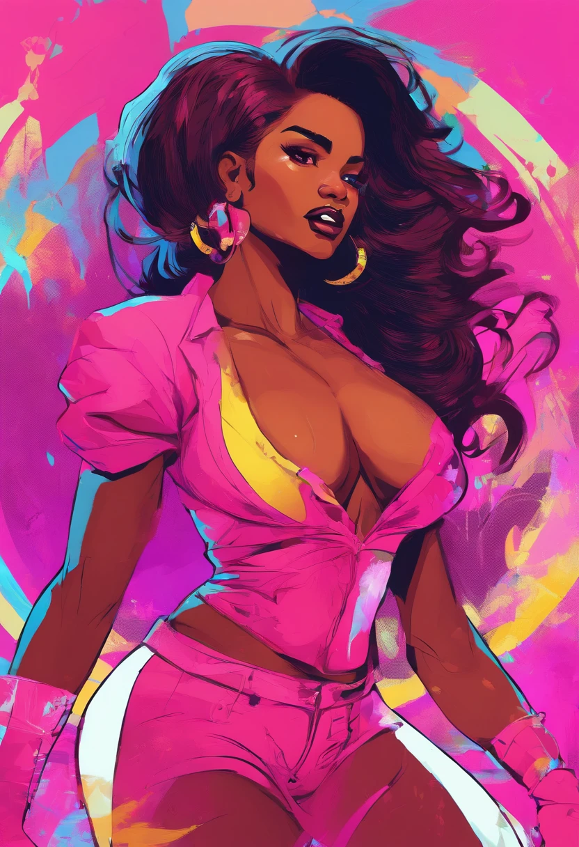 (african american,elegant,bold,confident,beautiful,long hair,curves:1.1,detailed eyes,full lips:1.1),glamorous,high fashion,stylish,striking poses,fierce attitude,(vibrant colors,hot pink:1.1,neon lights:1.1),dramatic shadows,edgy makeup,stage presence,(professional,studio lighting:1.1,ultra-detailed:1.1),dynamic composition,strong facial expressions,showstopping,celebrity vibes,sexy attire,attention-grabbing,empowered,energetic movements,music video vibes,queen-like aura