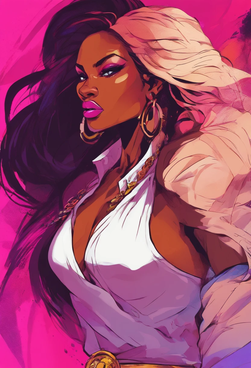 (african american,elegant,bold,confident,beautiful,long hair,curves:1.1,detailed eyes,full lips:1.1),glamorous,high fashion,stylish,striking poses,fierce attitude,(vibrant colors,hot pink:1.1,neon lights:1.1),dramatic shadows,edgy makeup,stage presence,(professional,studio lighting:1.1,ultra-detailed:1.1),dynamic composition,strong facial expressions,showstopping,celebrity vibes,sexy attire,attention-grabbing,empowered,energetic movements,music video vibes,queen-like aura