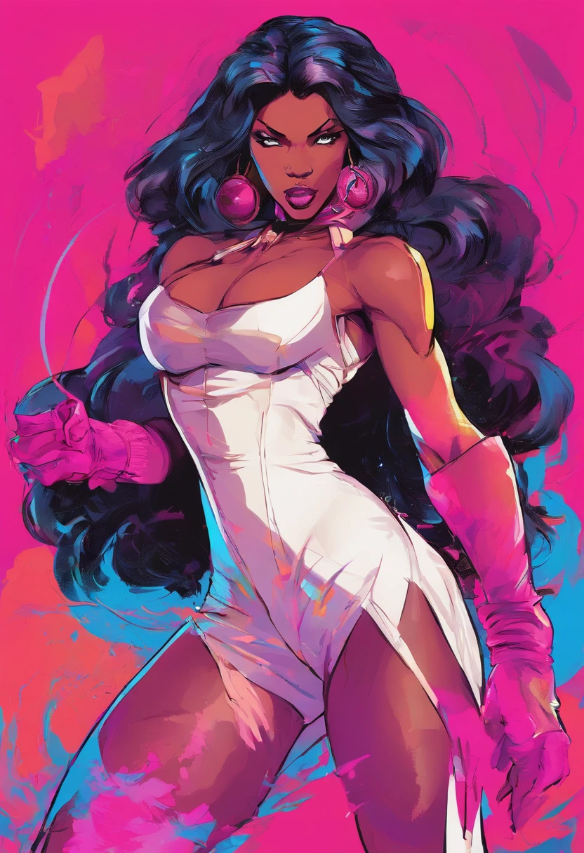 (african american,elegant,bold,confident,beautiful,long hair,curves:1.1,detailed eyes,full lips:1.1),glamorous,high fashion,stylish,striking poses,fierce attitude,(vibrant colors,hot pink:1.1,neon lights:1.1),dramatic shadows,edgy makeup,stage presence,(professional,studio lighting:1.1,ultra-detailed:1.1),dynamic composition,strong facial expressions,showstopping,celebrity vibes,sexy attire,attention-grabbing,empowered,energetic movements,music video vibes,queen-like aura