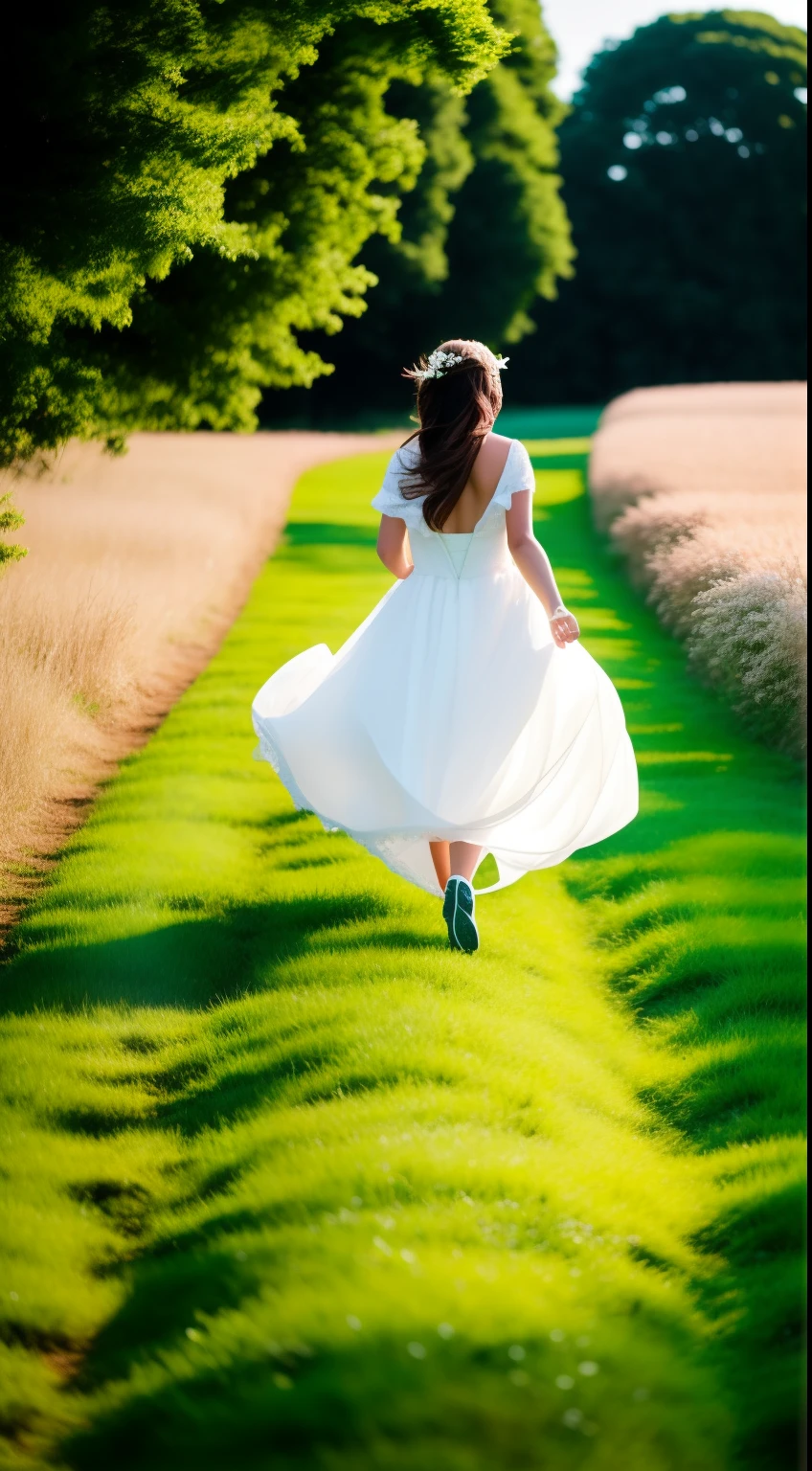 girl with a white gown running in the green field, moonson weather