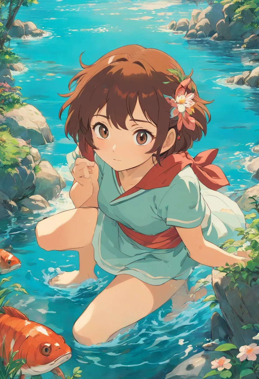 (superflat, flat shading, flat colors:1.1), 1girl, loli, petite, summer dress, spread legs, sitting on stone, (peeing:1.3), naked, smile, fun, blush, by the river, volumetric lighting, soft light, bright, vibrant colors, watercolor, ghibli style