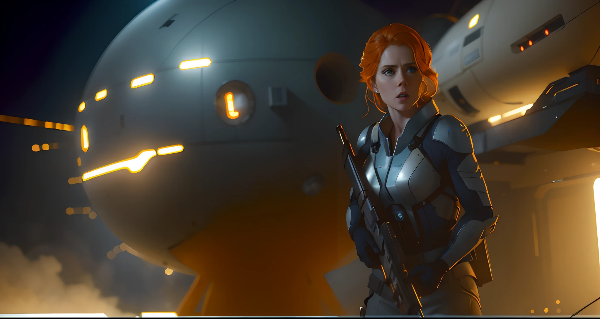 Hot terrified Sci fi Amy Adams holding a sci fi weapon on Ishimura Horror Space Ship photography, natural light, photorealism, cinematic rendering, ray tracing, the highest quality, the highest detail, Cinematic, Third-Person View, Blur Effect, Long Exposure, 8K, Ultra-HD, Natural Lighting, Moody Lighting, Cinematic Lighting