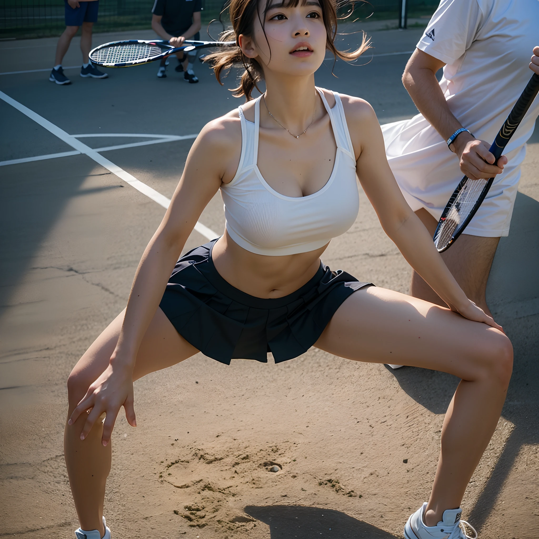 (Photoreal: 1.4), One girl of tennis players、Skortoy rolled in the wind、A dark-haired、long、Beautiful ankles、erotick、Split abs、thin arm、a navel、Running、Holding a racket in his left hand、(Hyper-realistic: 1.4), (Realistic: 1.3), (Smooth lighting: 1.05), (Improved cinematic lighting: 0.9), 32K, 20 year old girl, Realistic lighting, Backlight, Face Light, raytrace, (Whitening light: 1.2), (Image enhancement: 1.4), ( Top quality real skins: 1.4), Narrow eyes, Fine face, Narrow eyes, (Body Line Mood Increase: 1.1), huge-breasted, Big, (Skin Texture Enhancement Beauty: 1.1),