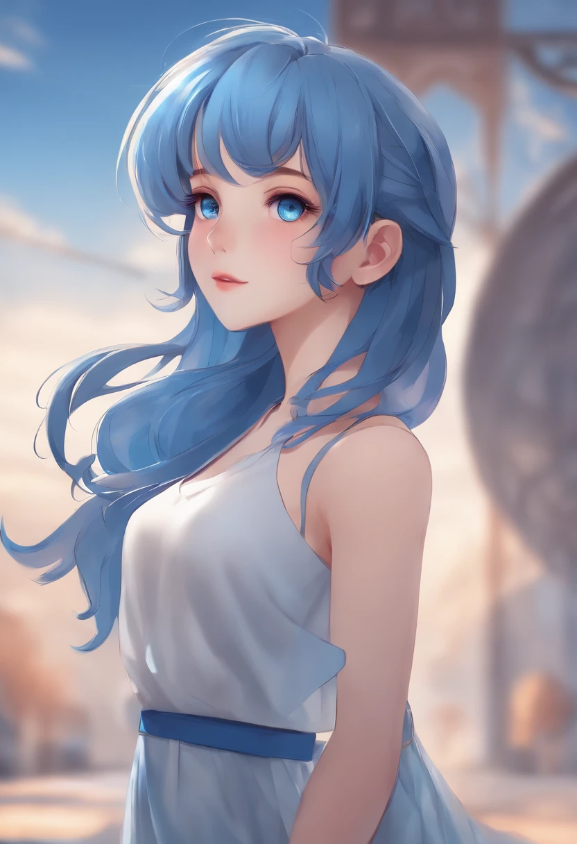 masterpiece,high quality,virtual youtuber, girl,blue medium hair,blue eyes, (concept art, official art,full body)(three sided view:1.3), simple background