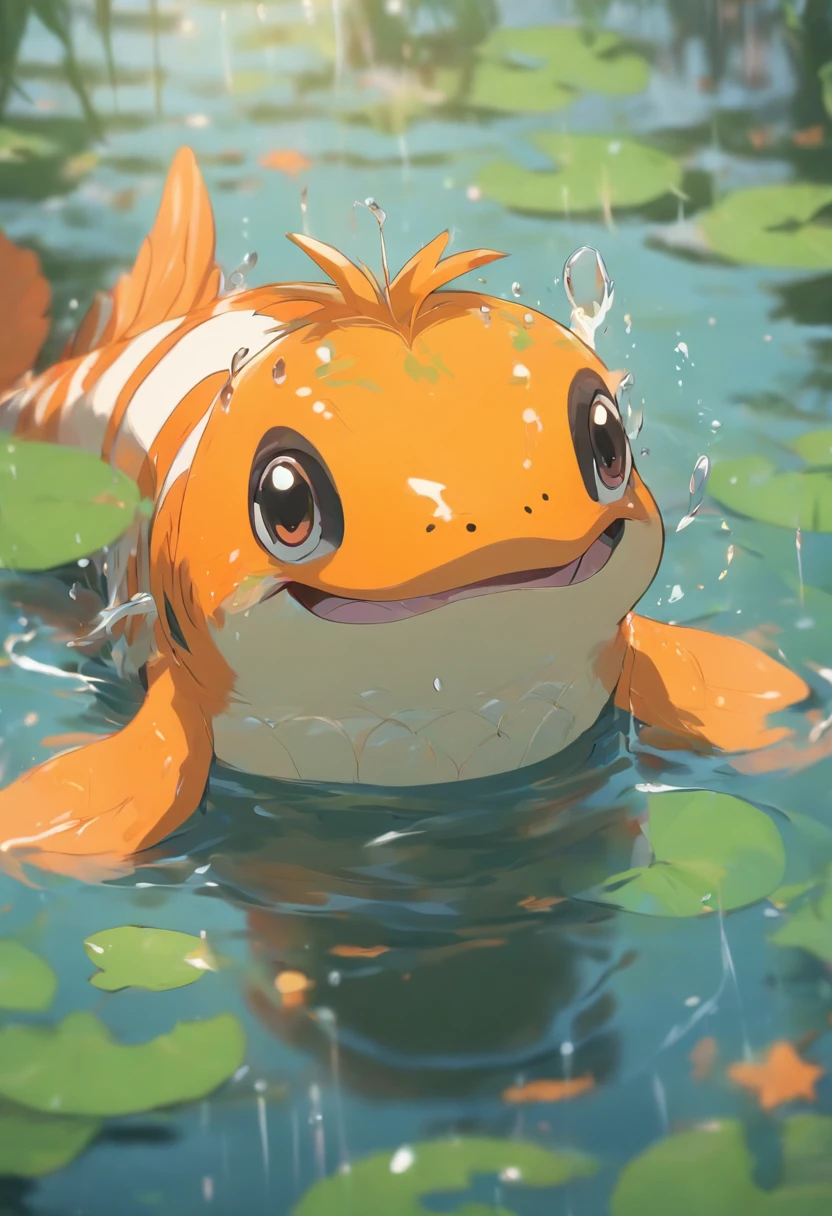 Kappa in a pond,Stick out of the water,There are fish in the water,raining day,There are ripples in the water