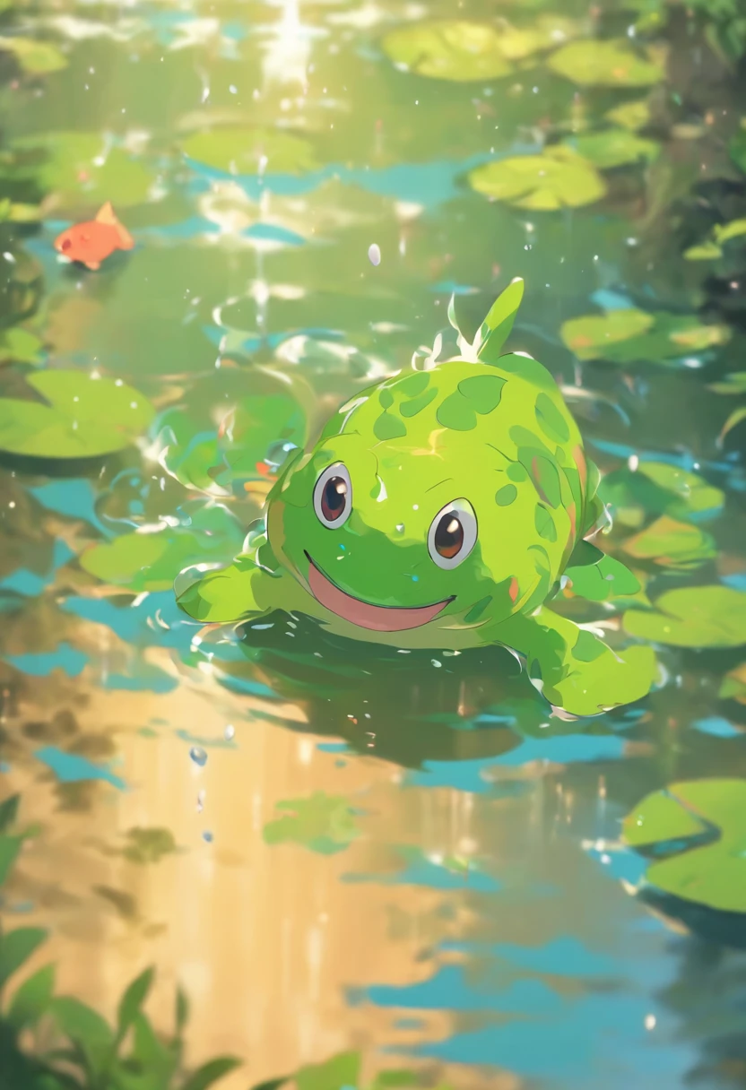 Kappa in a pond,Stick out of the water,There are fish in the water,raining day,There are ripples in the water