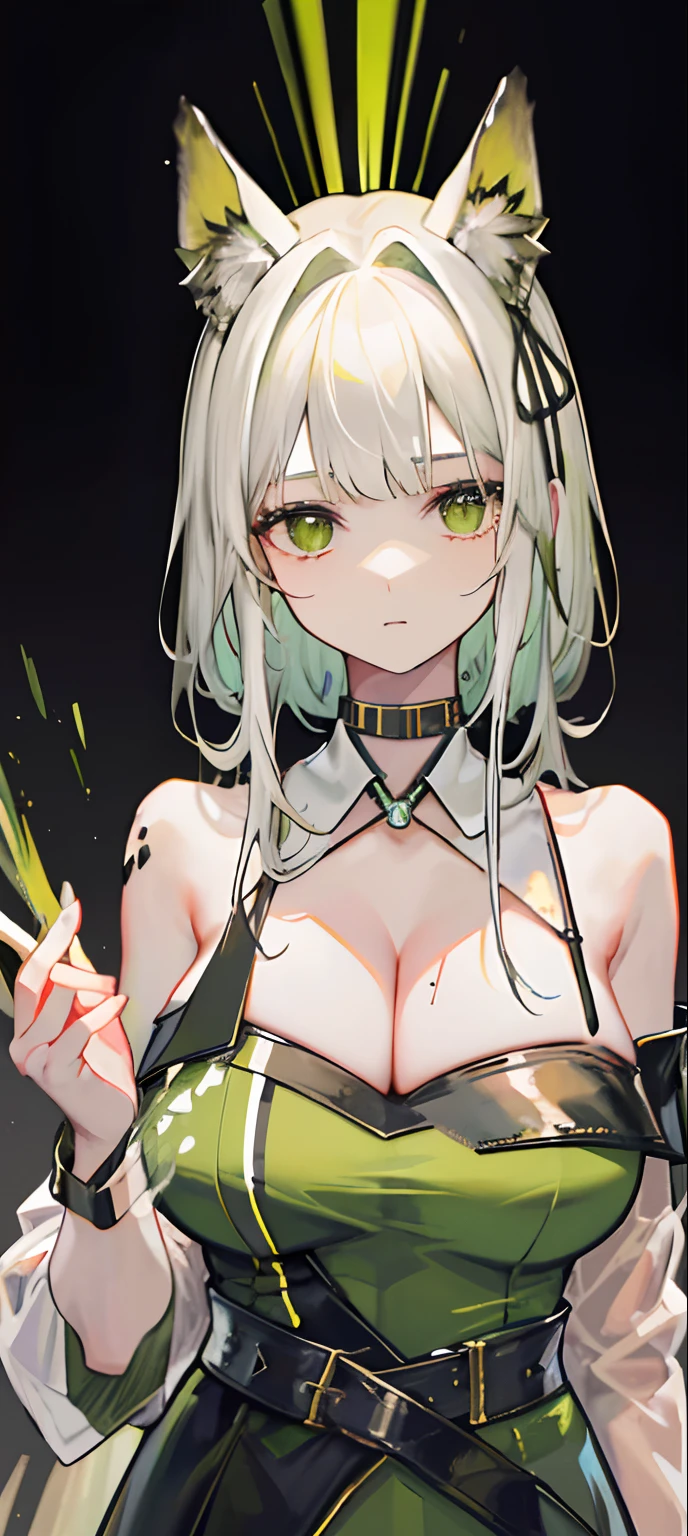 1girll, Animal_hor ears, Gradient, Gradient_Background, Green_Background, Looking_at_peeping at the viewer, Large breasts, JM soloist，cleavage