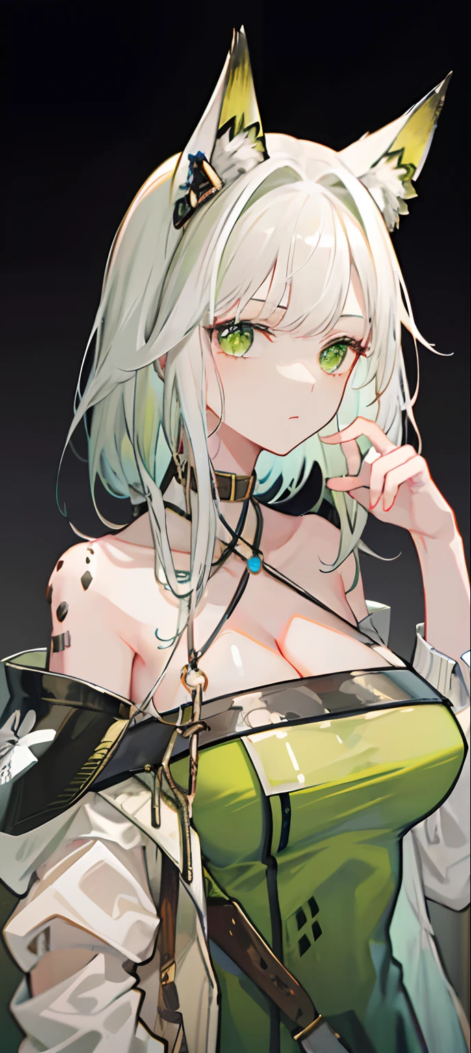 1girll, Animal_hor ears, Gradient, Gradient_Background, Green_Background, Looking_at_peeping at the viewer, Large breasts, JM soloist，cleavage