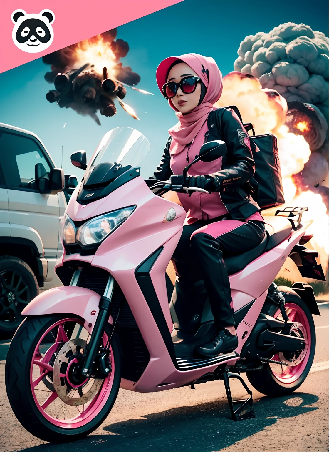 Slim and Medium breasted malay woman in hijab, pink food delivery motorcycle, panda emblem at delivery box, pink delivery box, sunglasses, sci-fi, with gun, explosions behind, dramatic scene, movie poster,