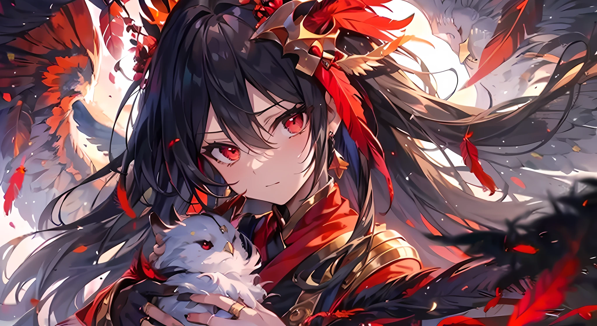 ((masutepiece:1.2, Best Quality,8K, Textured skin)), ((Red feathers)),beautiful a girl, Wear a phoenix,  Summoned Animals, volcanoes, Silver, knight , are flying, Black hair, Long hair, Long hair, Red Eyes, Determined,