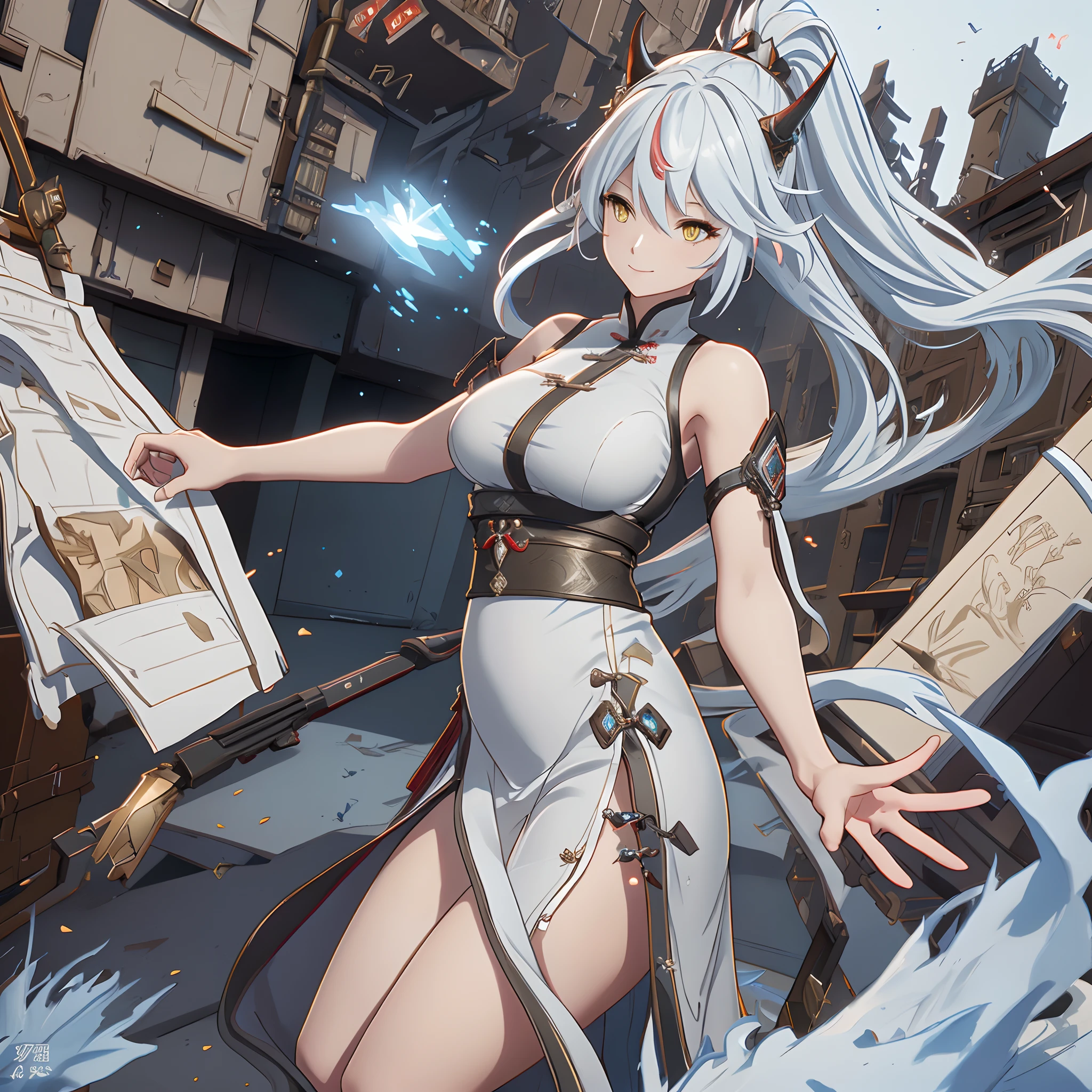 a girl with long gray hair and yellow eyes running in china city , night time, High detail mature face, 2 short mechanic horn on the head, bare leg, bare shoulder, white china dress, high res, ultra sharp, 8k, masterpiece, smiling, assault rifle on the girl side, fantasy world, magical radiance background ((Best quality)), ((masterpiece)), 3D, HDR (High Dynamic Range),Ray Tracing, NVIDIA RTX, Super-Resolution, Unreal 5,Subsurface scattering, PBR Texturing, Post-processing, Anisotropic Filtering, Depth-of-field, Maximum clarity and sharpness, Multi-layered textures, Albedo and Specular maps, Surface shading, Accurate simulation of light-material interaction, Perfect proportions, Octane Render, Two-tone lighting, Wide aperture, Low ISO, White balance, Rule of thirds,8K RAW, Aura, masterpiece, best quality, Mysterious expression, magical effects like sparkles or energy, flowing robes or enchanting attire, mechanic creatures or mystical background, rim lighting, side lighting, cinematic light, ultra high res, 8k uhd, film grain, best shadow, delicate, RAW, light particles, detailed skin texture, detailed cloth texture, beautiful face, (masterpiece), best quality, expressive eyes, perfect face,