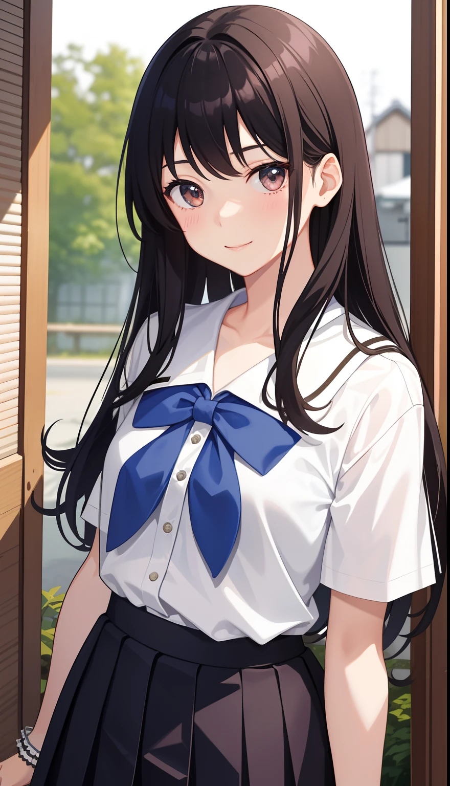 1girl in、AS-Adult、A smile、The shirt、skirt by the、(small tits)Chilarism、Japan High School Student Uniform、serafuku、summer clothing、(Sheer Bra)、Upper body portrait、