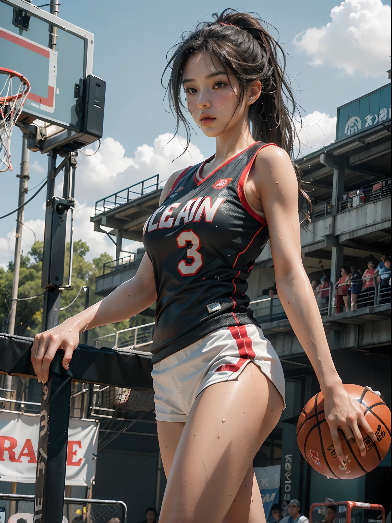 (8K, Raw photo, Best Quality, masutepiece:1.2), (Realistic, Photorealsitic:1.37),1 girl,Beautiful,Powerful, (Solo),A detailed face, Dramatic Angle,
Shoot the ball,Basketball Uniform ,Sports, Look away,Sporty,Wet skin,Sweat,Large breasts,nice legs,basketball Venues