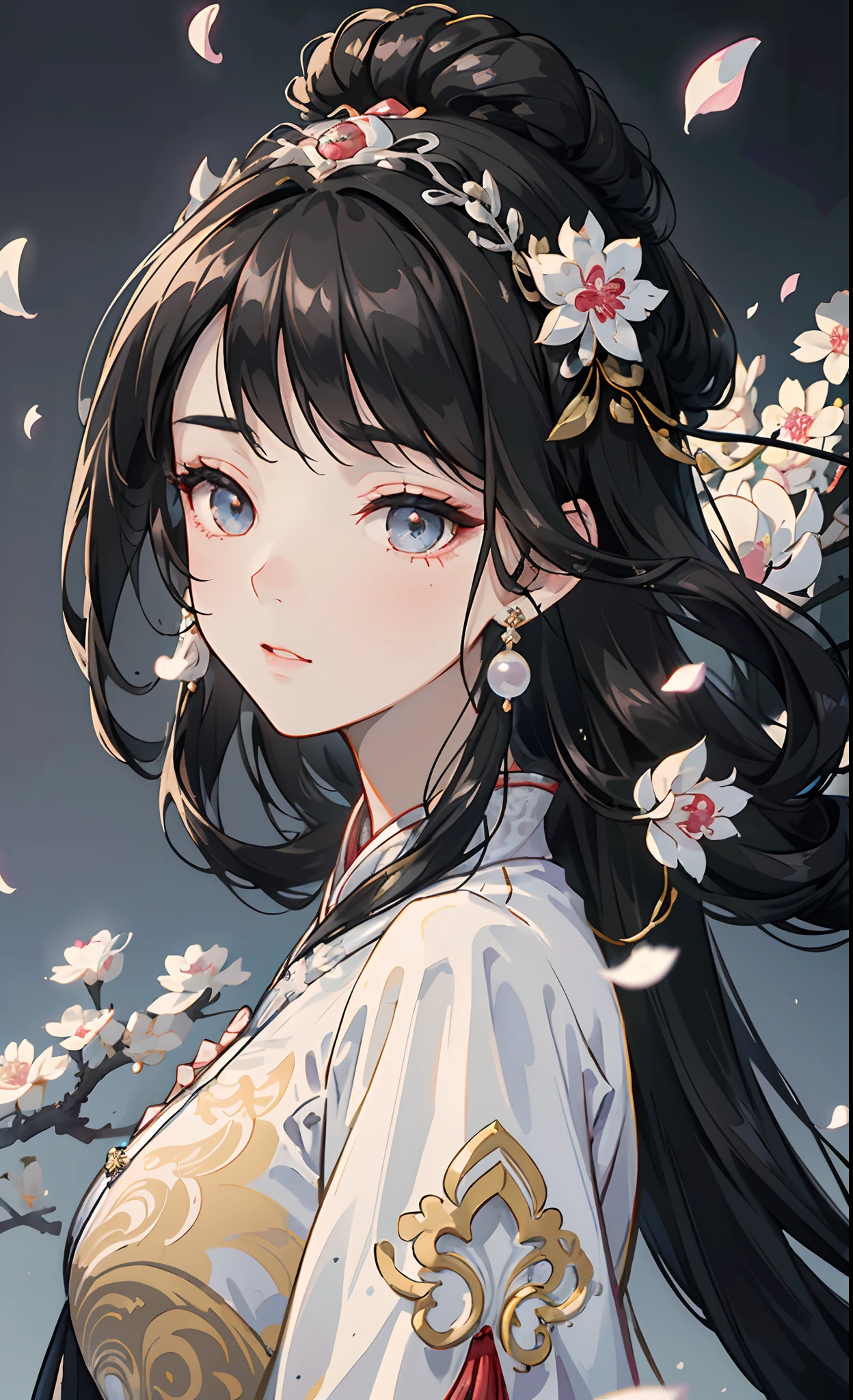 Mature girl , black hair, floating hair, delicate and smart eyes, intricate damask hanfu, gorgeous accessories, wearing pearl earrings, FOV, f1.8, masterpiece, complex scene, petals flying, front portrait shot, Chang'e
