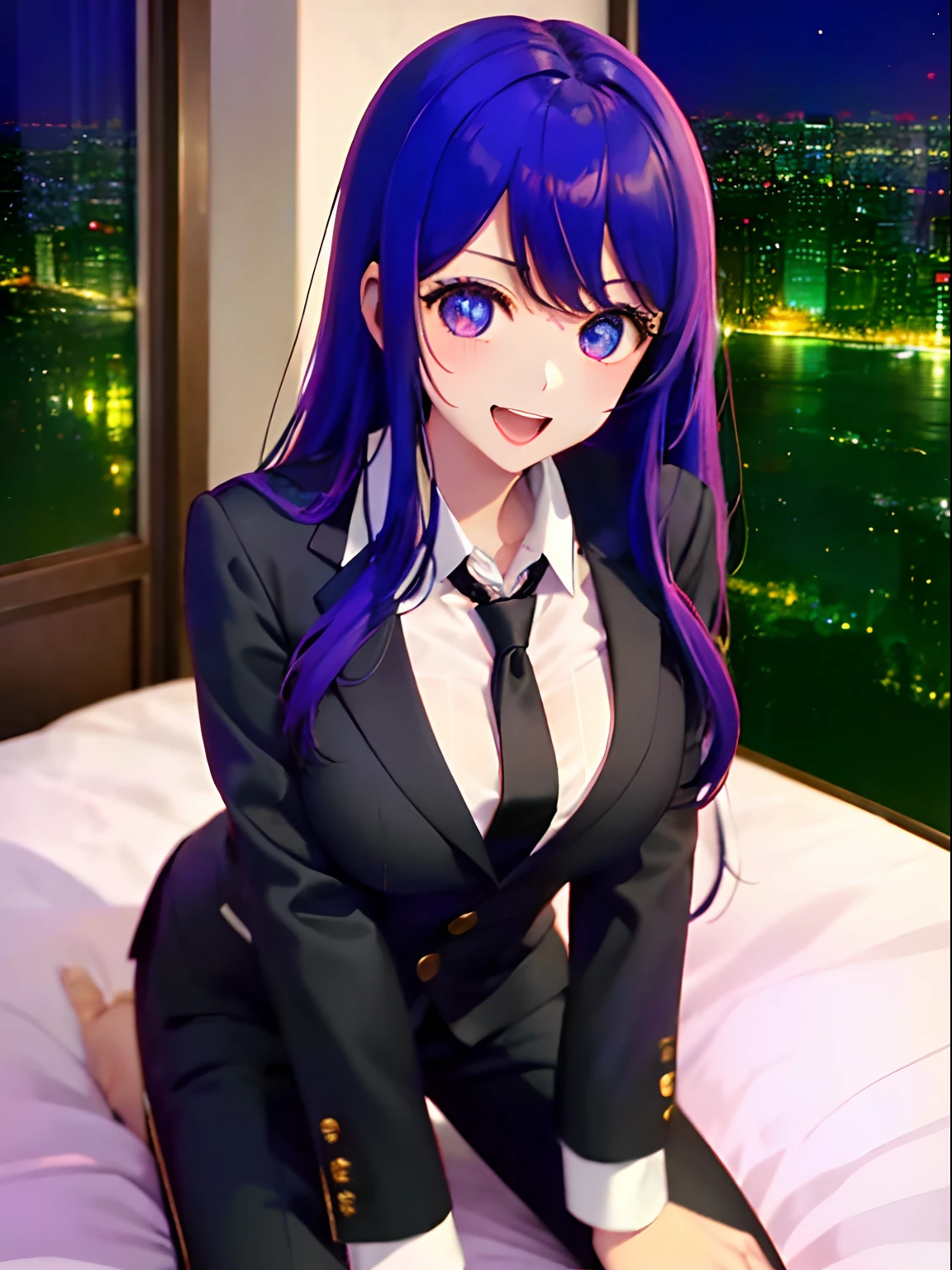 one-girl((There is a five-pointed star in the eye))A girl with long purple hair,(((Blushlush)))Smile,Open mouth,short skirt,Kneeling,Beds,,white stockingsmasutepiece、Best Quality、Illustration、 ultra-detailliert、hight resolution、8K Wallpapers、Perfect dynamic composition,、Beautiful detailed eyes、White collared shirt、neck tie、(Black suit jacket:1.3)、(Black suit pants:1.3)、(Beautiful Large Breasts:1.3)、Bold sexy poses、Smile、Harajuku、20 years girl、Cute、Beautiful sister、Sexy shot looking at camera、night skyscraper