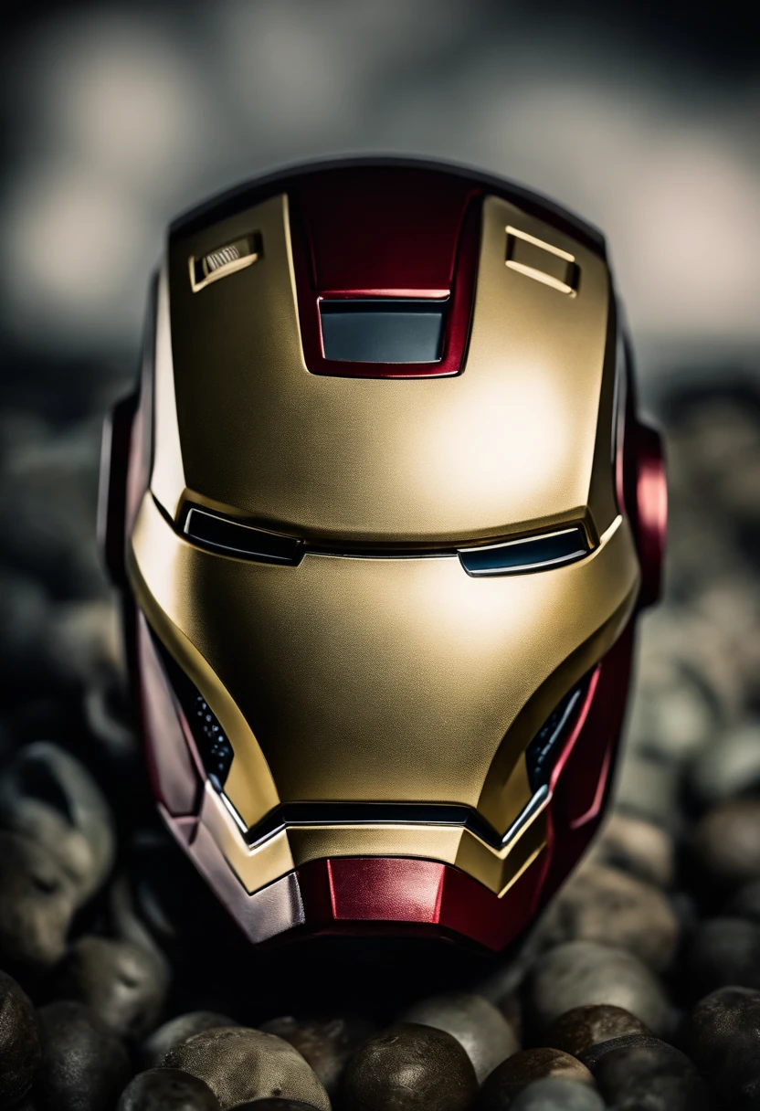 ironman、Mask with a smiley face on a silver round plate、camouflage uniform