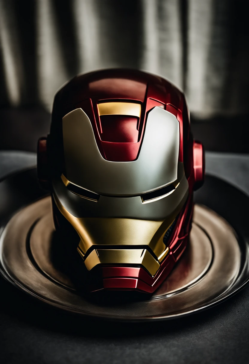 ironman、Mask with a smiley face on a silver round plate、camouflage uniform