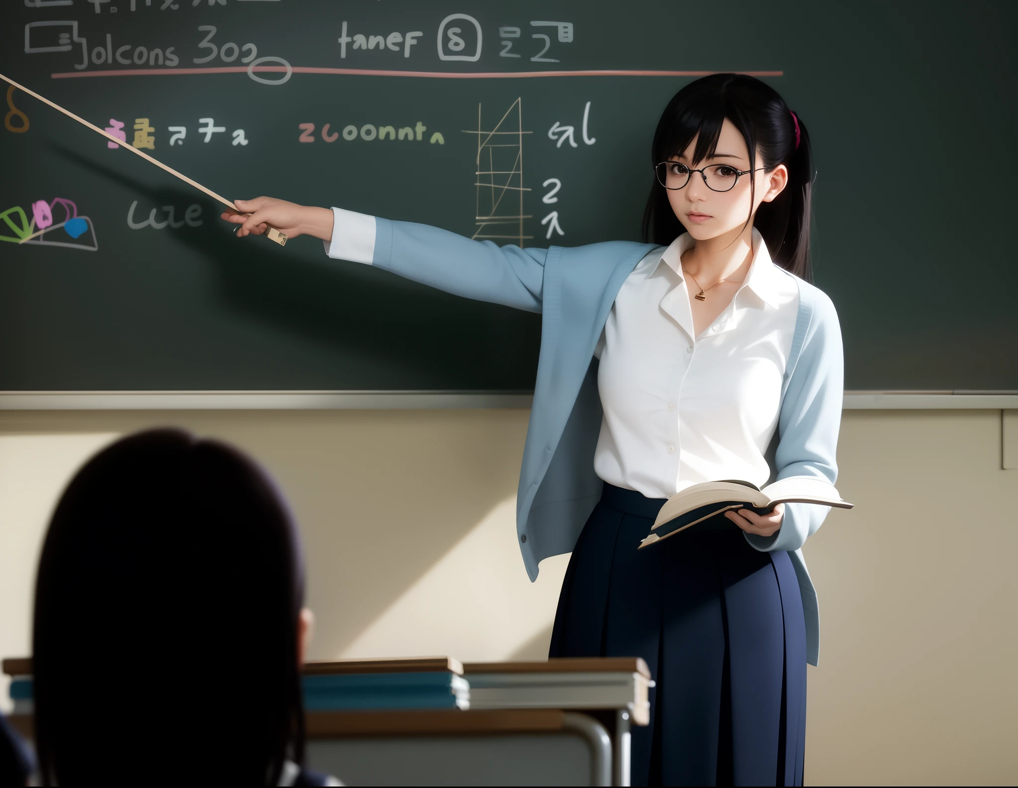 There was a woman standing in front of the blackboard with a book, as a strict school teacher ), In a classroom, typical anime classroom, Teacher, Surrealism female students, Surrealism female students, standing in class, Makoto Shinkai and Artgerm, Realistic schoolgirl, still from live action movie, Japanese school uniform, In the school classroom