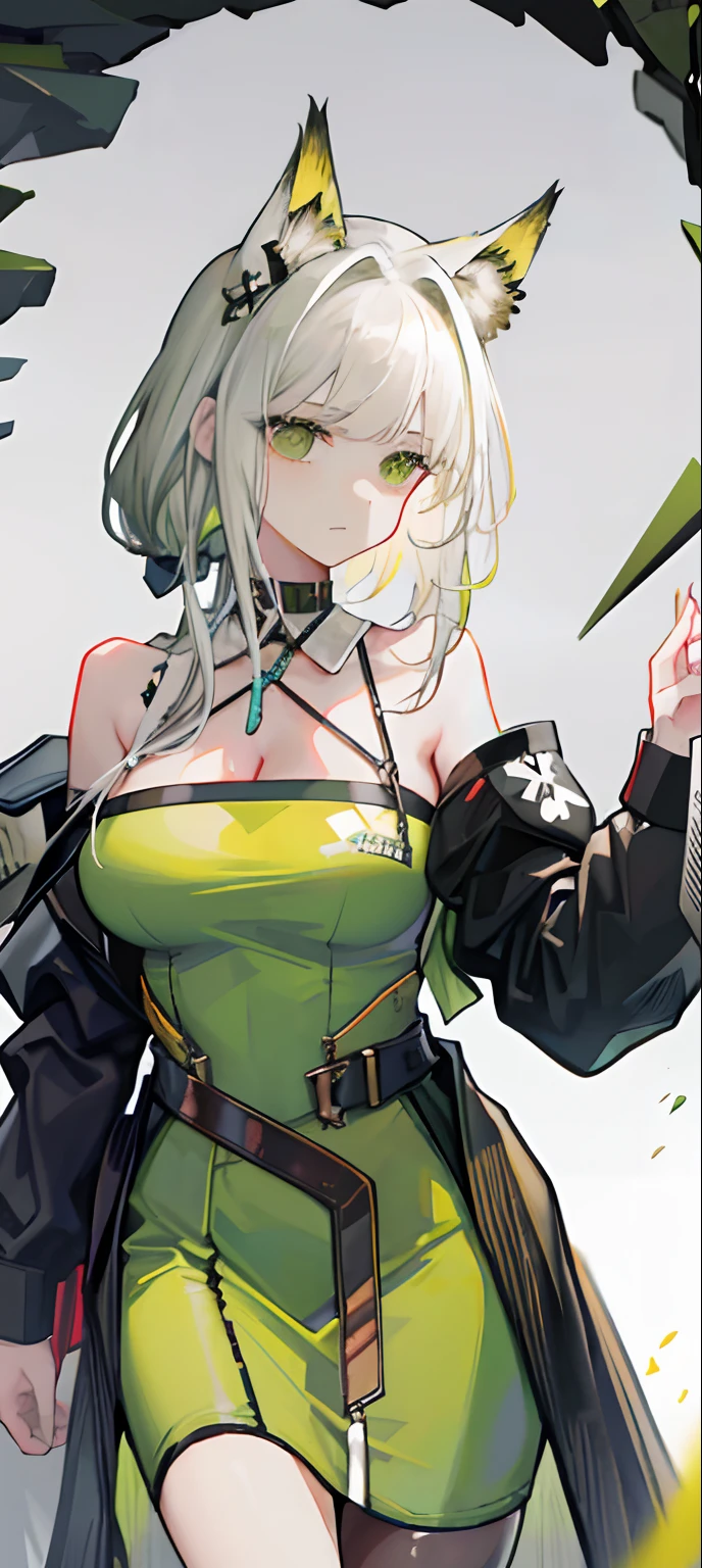1girll, Animal_hor ears, Gradient, Gradient_Background, Green_Background, Looking_at_peeping at the viewer, Large breasts, JM soloist,cleavage,full bodyesbian,nabel