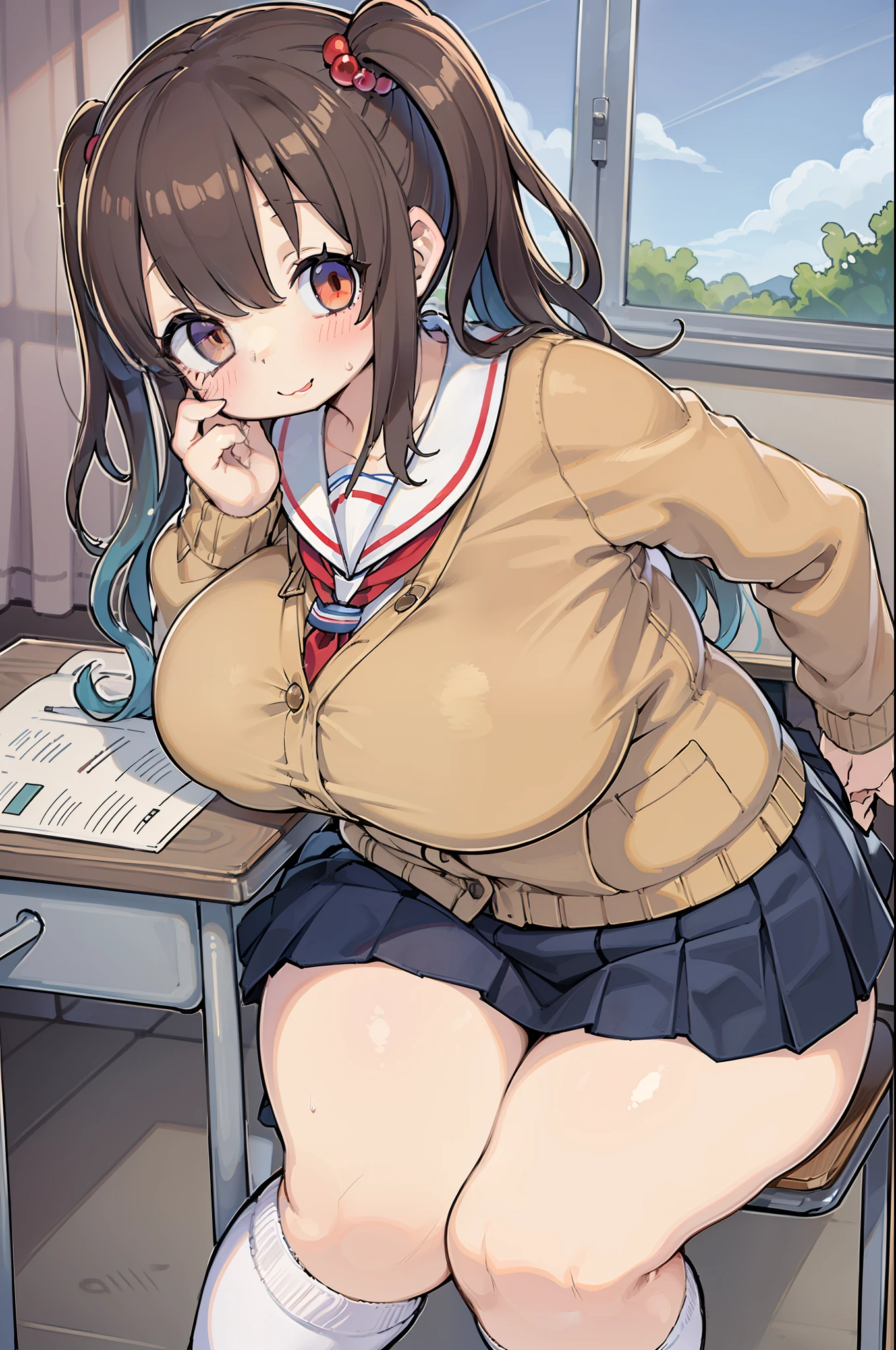 ((masutepiece, Best Quality)),Best aesthetic,1girl in, School uniform, desk work, Sitting, School Desk, Brown hair, crass room, Long hair, Indoors, Chair, Looking at Viewer, :P, Solo Focus, Brown eyes, Skirt, Long sleeves, Pencil, 1 boy, pencil case, paper, black serafuku, Multiple girls, Pleated skirt, Sailor collar, Bangs, head rest, School bag, school chair,huge-breasted、bbw、thick thight、big butts