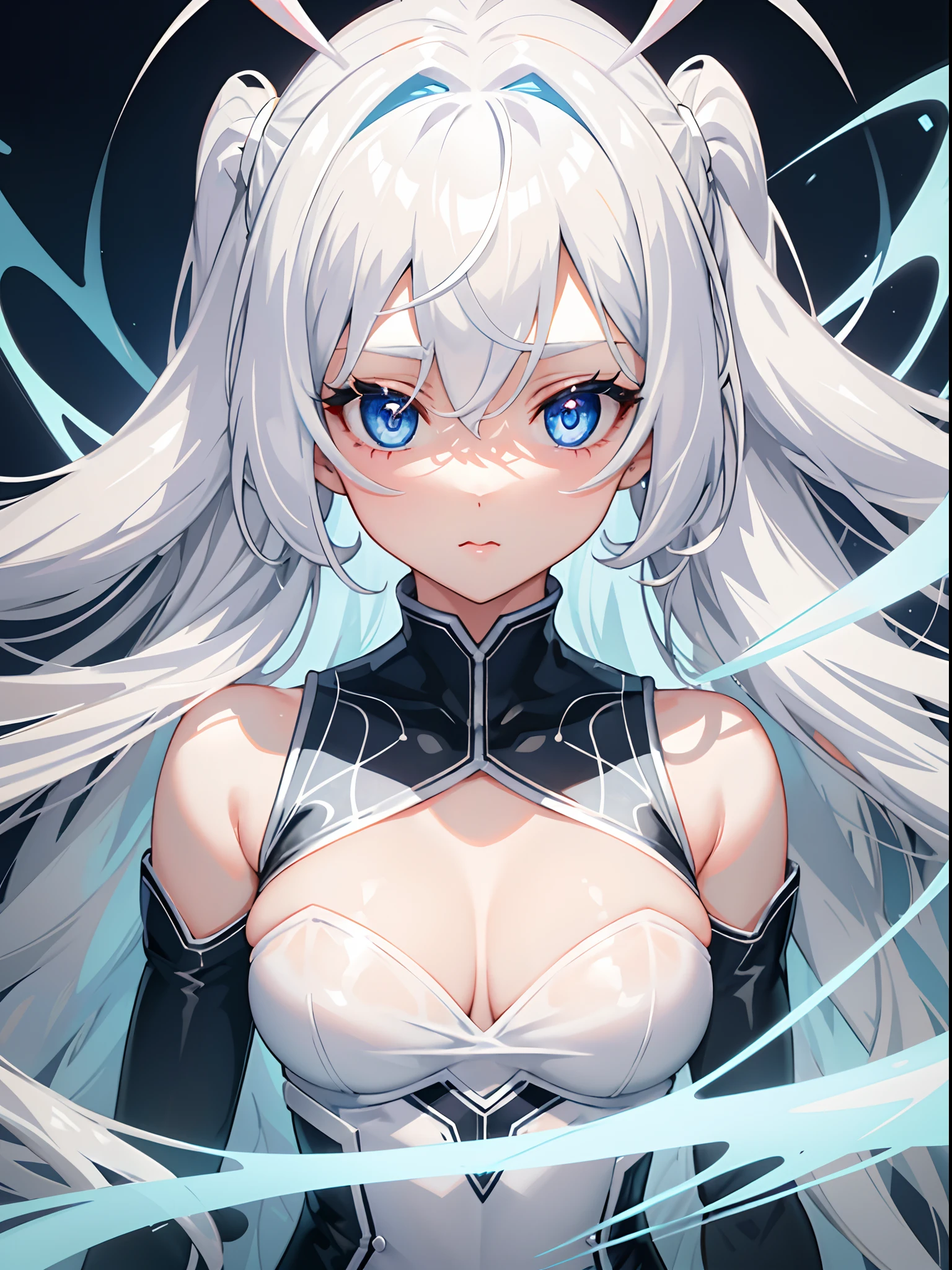 1girl in、White hair、Blue eyes、wall-paper、bunnygirl、Leotard、fishnet tights、Super long hair、Curly hair、white backgrounid、symmetry、facing front、Upper body close-up、Close UAMENTED、see -through、