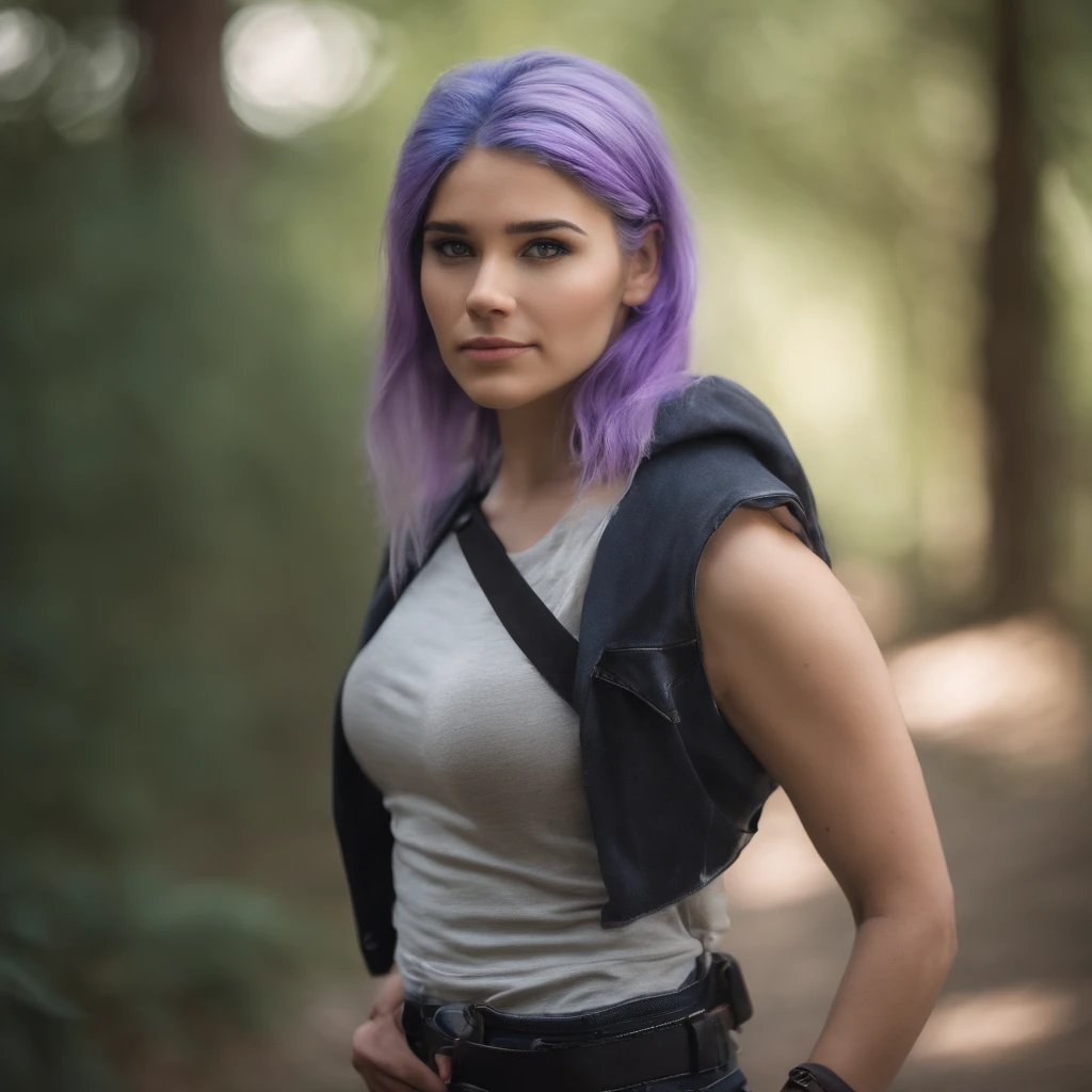 anime art style girl with short sized light blue hair reaching her shoulders, having bright purple eyes and having a headband running through her hair wearing denim pants and no shirt.