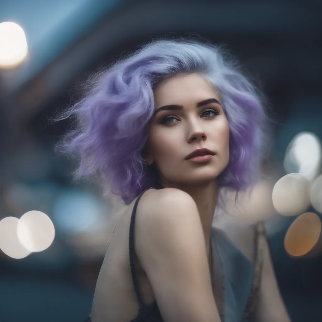 naked girl. teen. slim body. skinny body. thin body. this waist. cute. looking at viwer. wet skin. Pale skin. purple hair. short hair.
