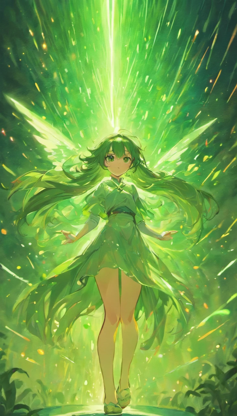 a painting that represents the essence of magic in your world, mostrando o cabelo loiro, Protagonista de olhos verdes, immersed in a cascade of magical energy of light, with glowing particles dancing around you, rouba bege com marrom.