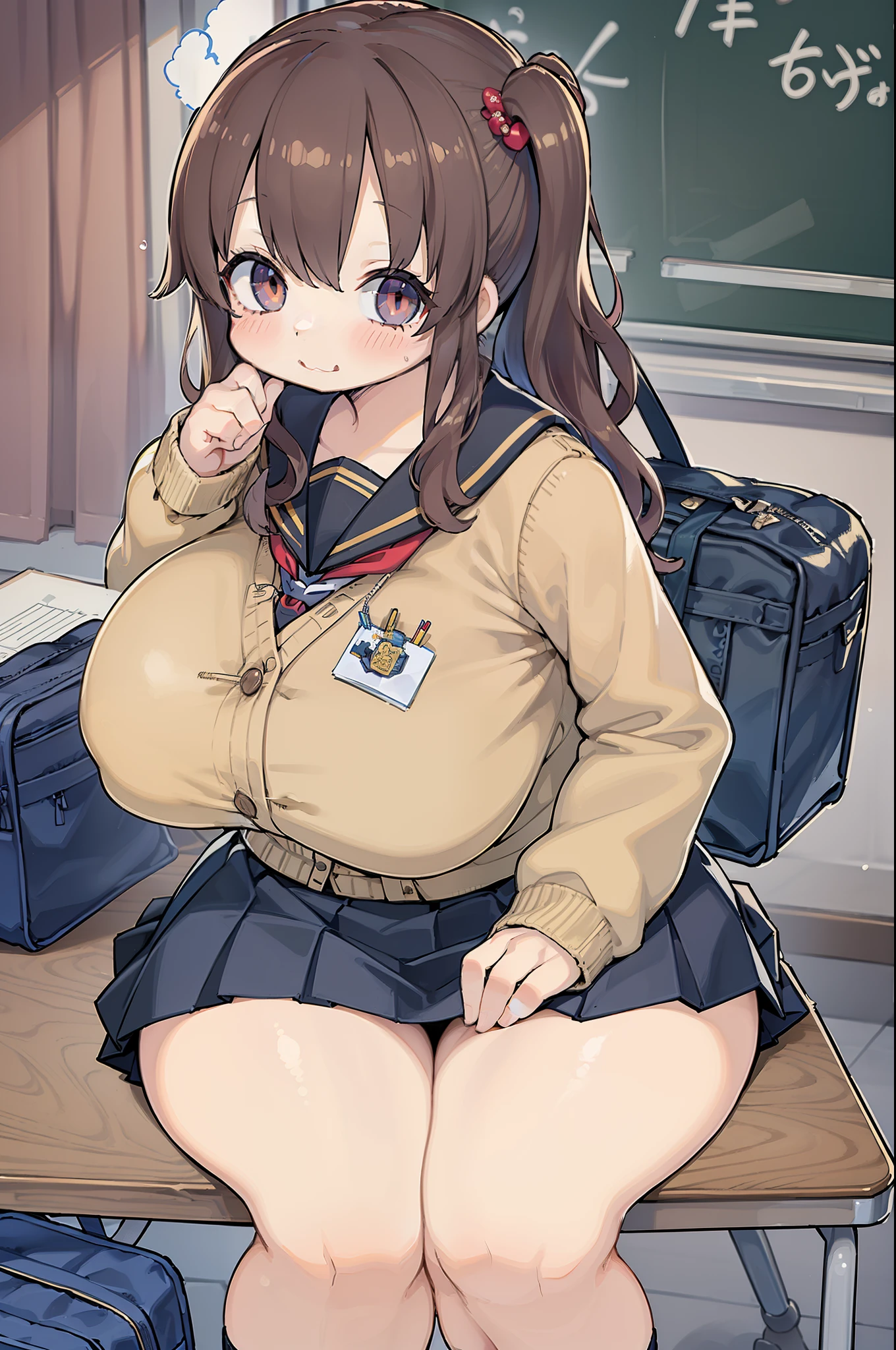 ((masutepiece, Best Quality)),Best aesthetic,1girl in, School uniform, desk work, Sitting, School Desk, Brown hair, crass room, Long hair, Indoors, Chair, Looking at Viewer, :P, Solo Focus, Brown eyes, Skirt, Long sleeves, Pencil, 1 boy, pencil case, paper, black serafuku, Multiple girls, Pleated skirt, Sailor collar, Bangs, head rest, School bag, school chair,huge-breasted、bbw、thick thight、big butts