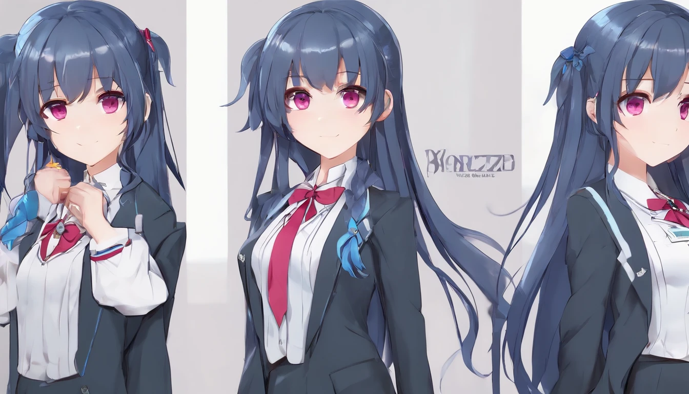 masterpiece, high quality, virtual youtuber, school uniform, Twin tails, girl, blue long hair , pink eyes, (concept art, official art, full body)(three sided view:1.3), simple background