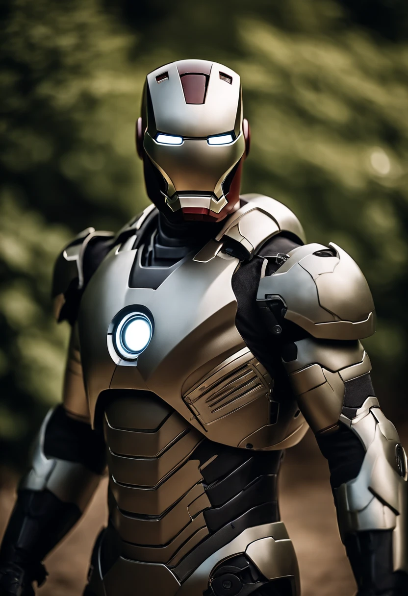 Iron Man with silver round plate and smiley face mask、camouflage uniform