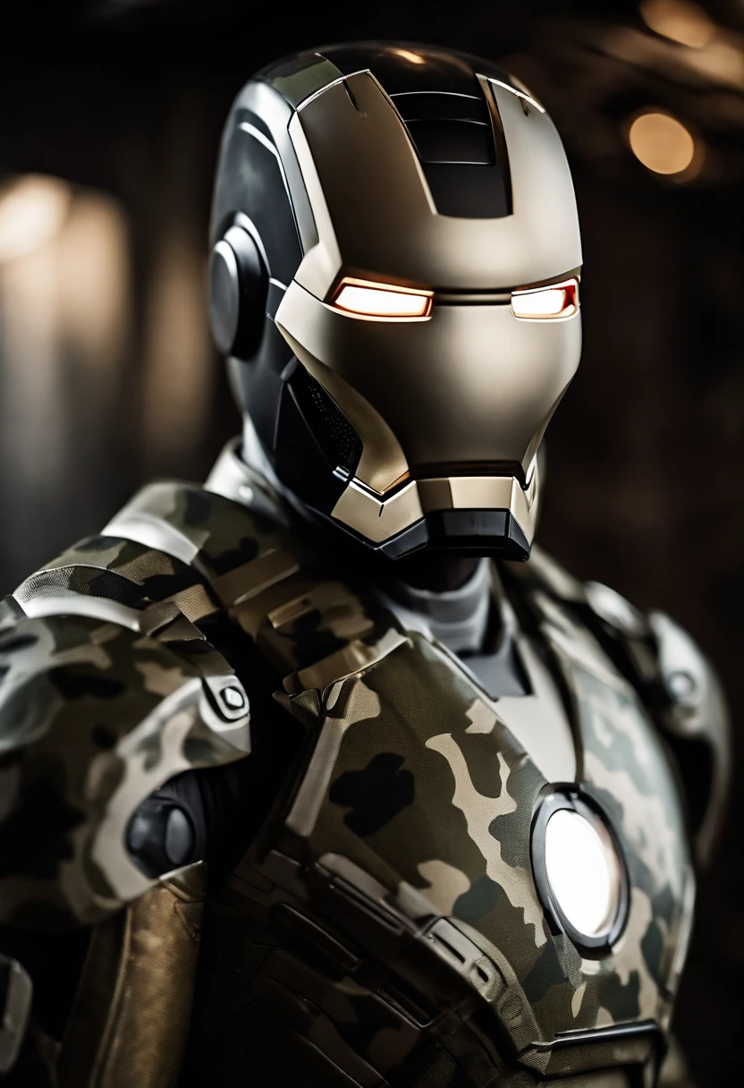 Iron Man with silver round plate and smiley face mask、camouflage uniform