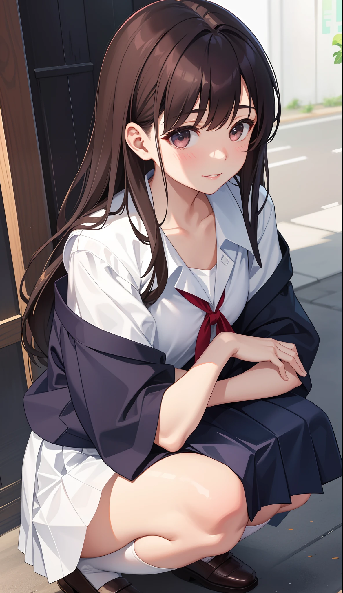 1girl in、AS-Adult、A smile、The shirt、skirt by the、(small tits)Chilarism、Japan High School Student Uniform、serafuku、summer clothing、(Sheer Bra)、Upper body portrait、Squatting panchira、
