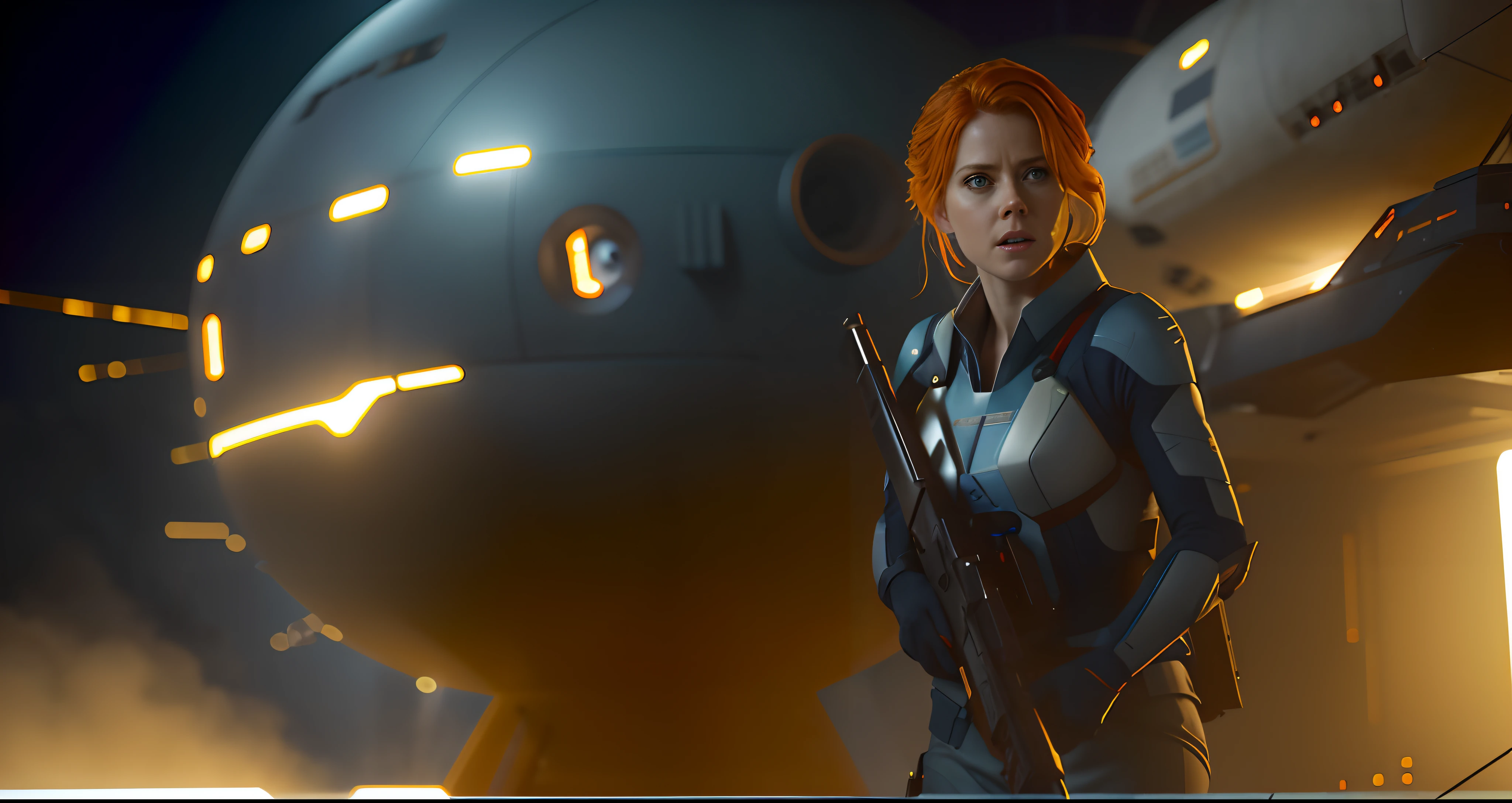 Hot terrified Sci fi Amy Adams holding a sci fi weapon on Ishimura Horror Space Ship photography, natural light, photorealism, cinematic rendering, ray tracing, the highest quality, the highest detail, Cinematic, Third-Person View, Blur Effect, Long Exposure, 8K, Ultra-HD, Natural Lighting, Moody Lighting, Cinematic Lighting